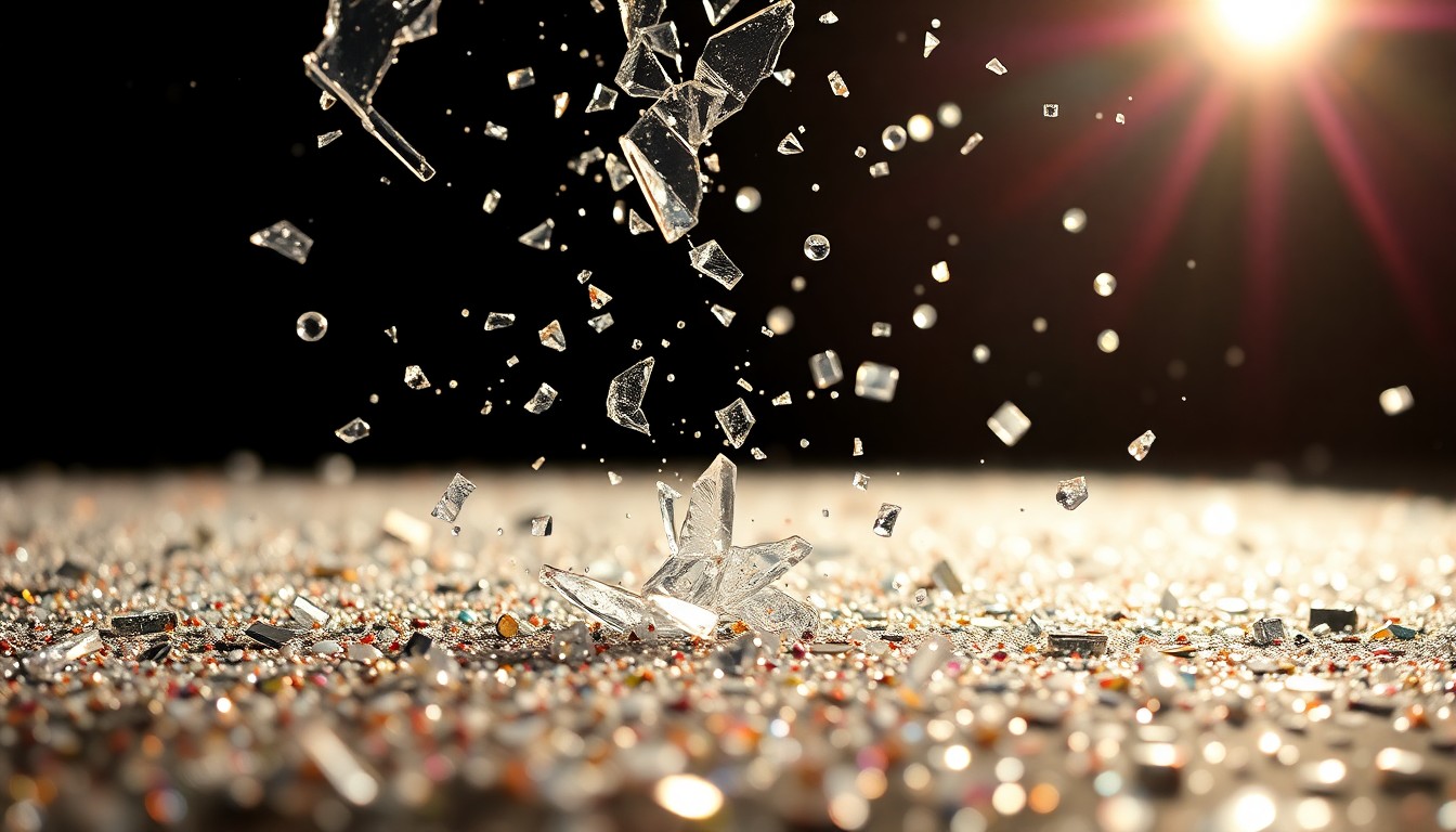 An abstract close-up image featuring shattered glass and glittering sequins in high-contrast studio lighting, conveying a sense of glamour and intensity.