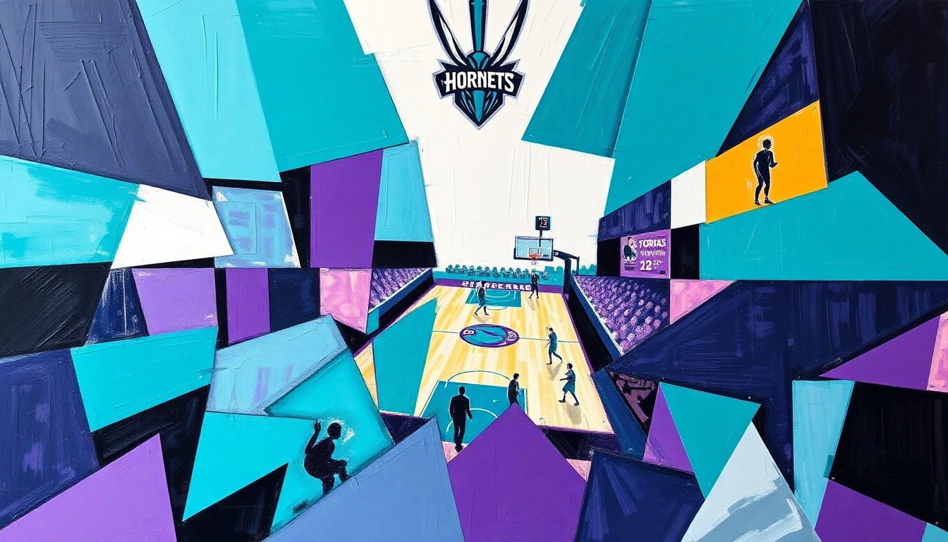 A cubist, geometric painting featuring overlapping planes of teal, purple, and white, conceptually representing the energy and excitement surrounding the Hornets' playoff return.