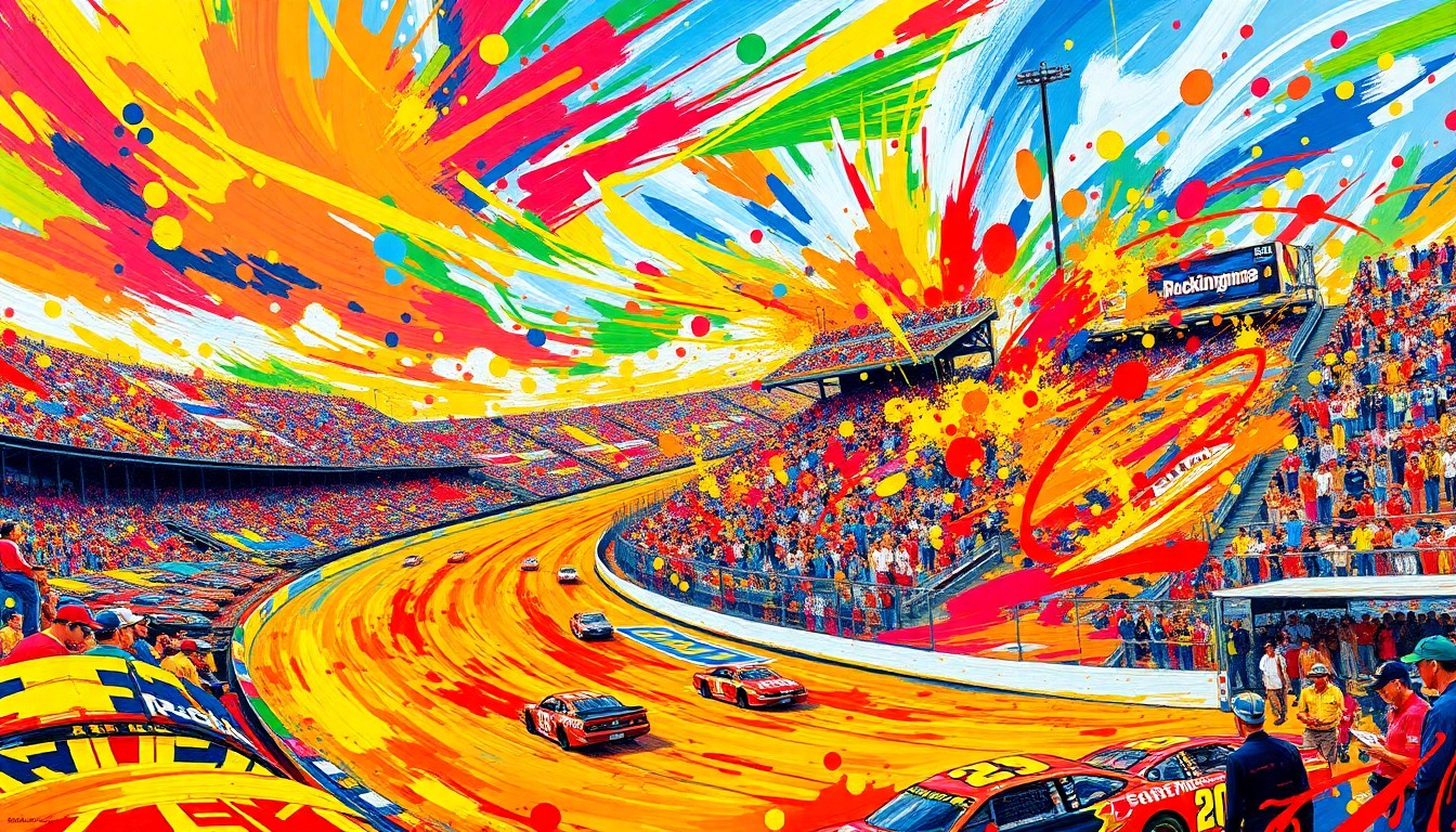 An abstract, expressionist painting in vibrant neon colors depicting the energy and excitement of NASCAR fans gathered at the historic Rockingham Speedway, with race cars, spectators, and the iconic grandstands blending into a swirling, dynamic composition.