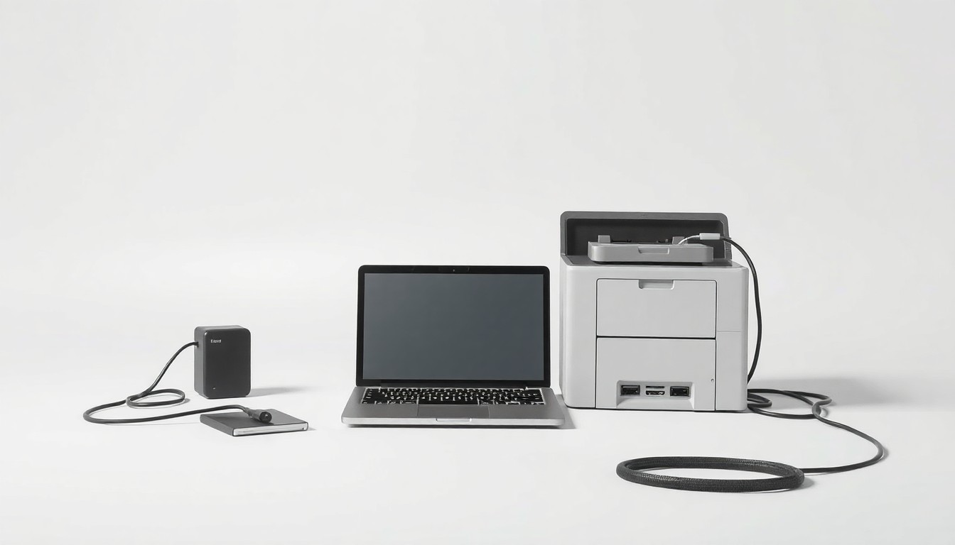 A high-end, photorealistic studio still-life photograph featuring a neatly arranged group of recycled electronic devices, including a laptop, printer, and cables, all placed on a clean, monochromatic background. The objects are made from polished raw materials and clean geometric shapes, using sharp, dramatic studio lighting and deep shadows to represent the abstract concept of responsible electronics recycling.