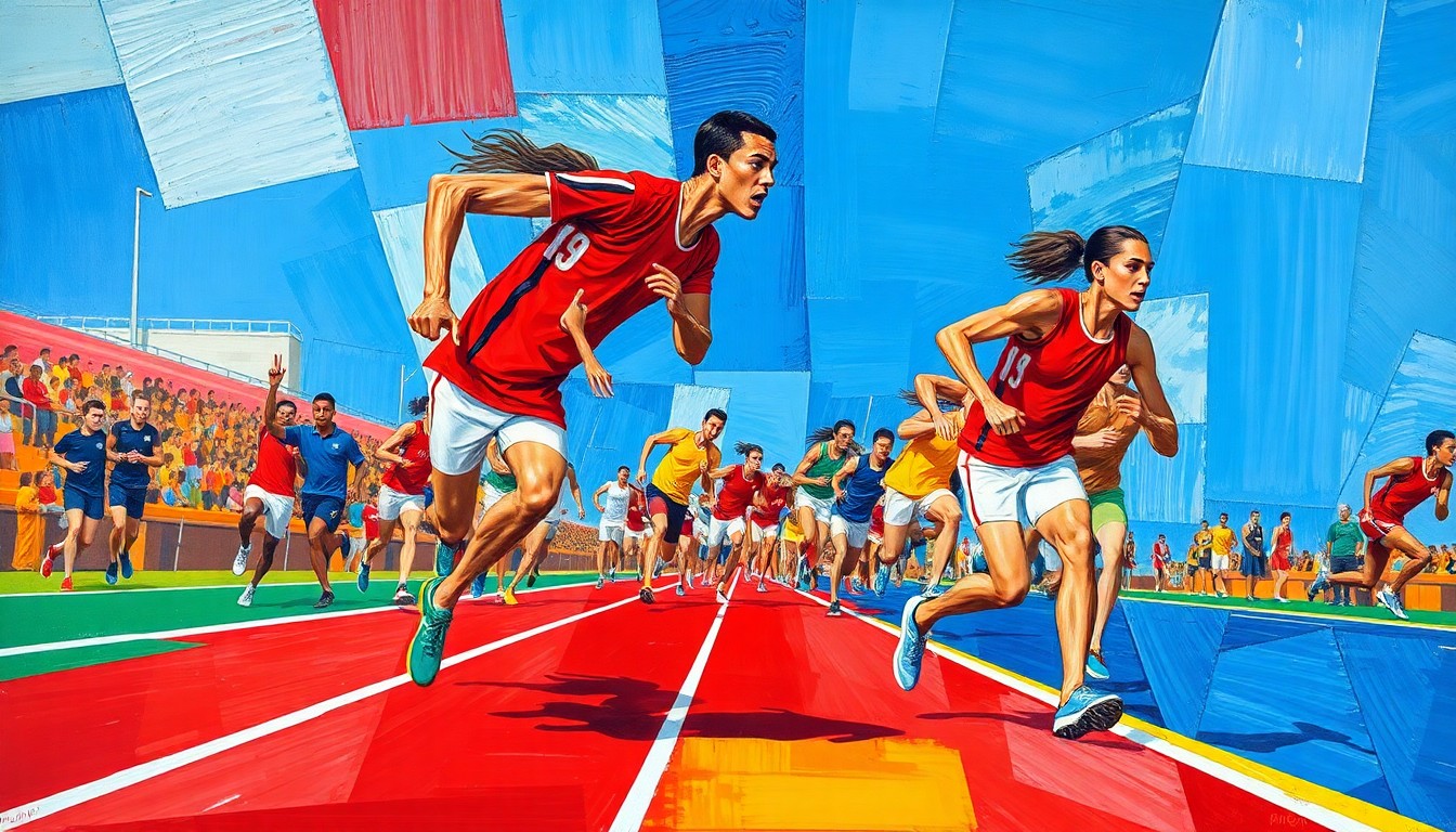 A cubist-style painting depicting a high school track and field competition, with athletes' bodies and movements fractured into sharp, overlapping geometric shapes in a vibrant color palette.