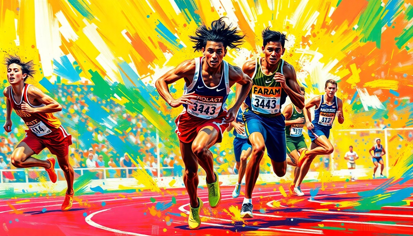 An abstract, energetic painting featuring vibrant brushstrokes of neon yellow, orange, and blue, capturing the dynamic motion and raw athleticism of high school track and field competitors.