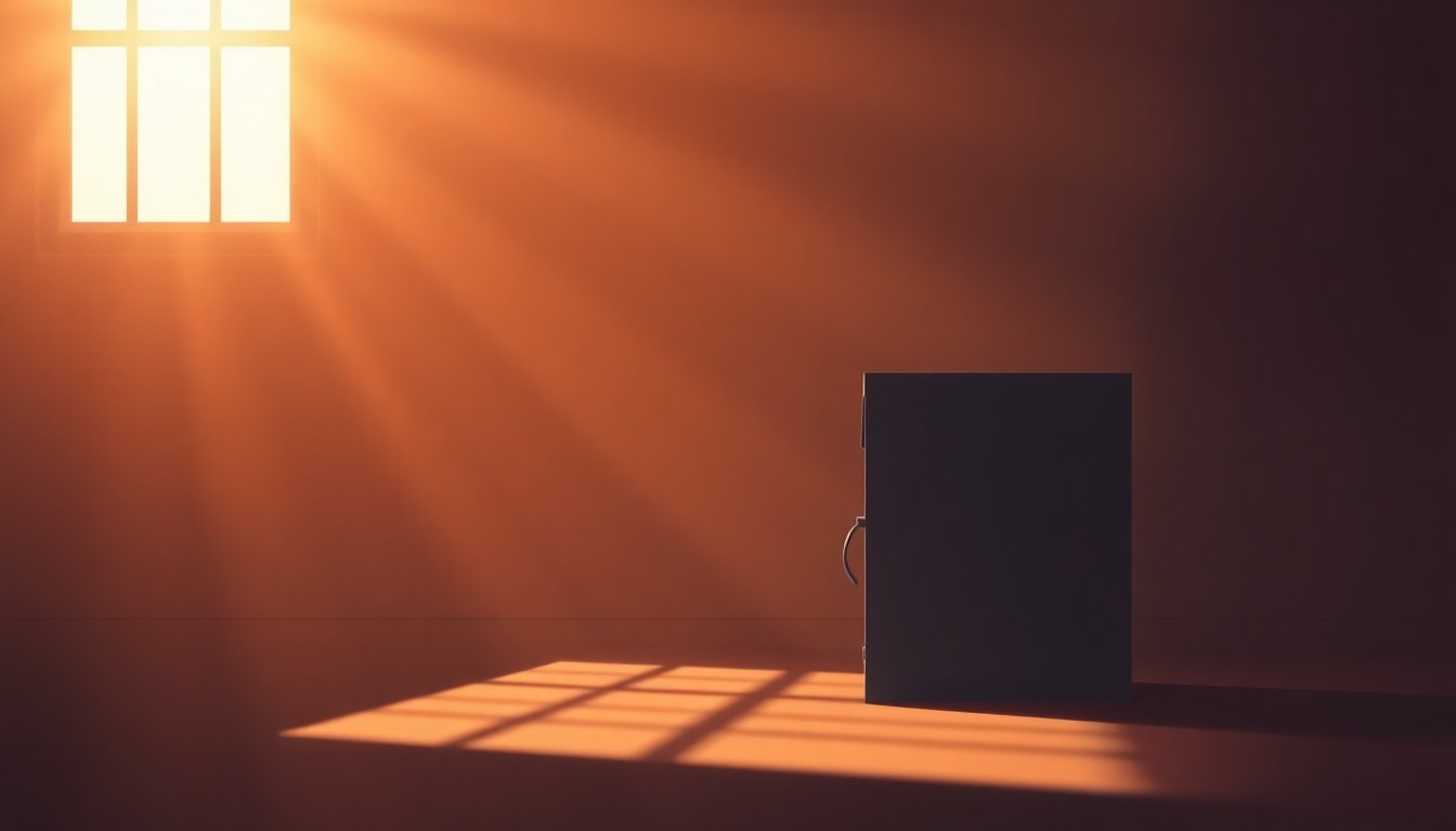 A warm, cinematic painting of a solitary ballot box in soft light and deep shadows, conveying the civic importance of voting.