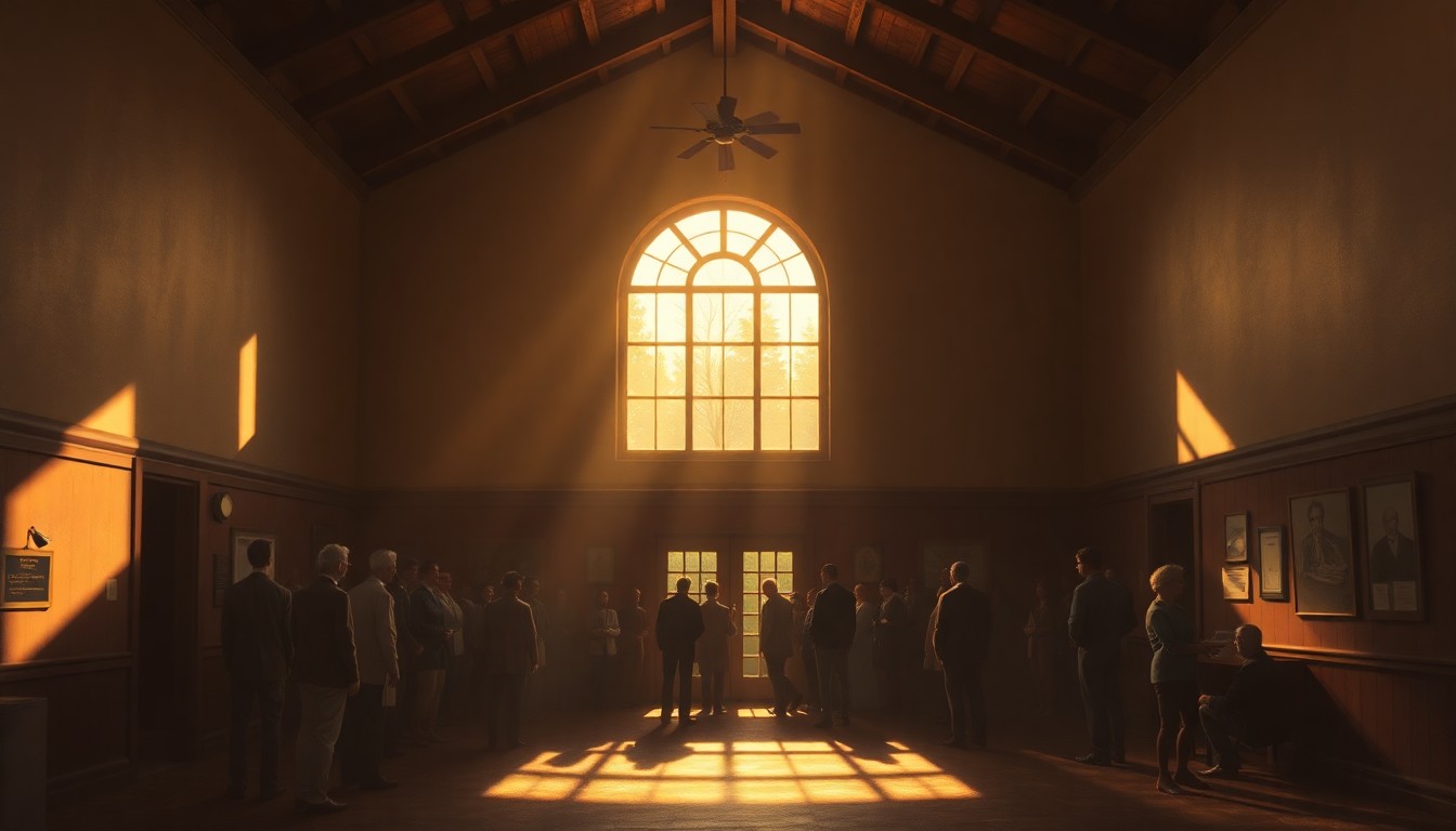 A warm, nostalgic painting depicting a group of people gathered inside a dimly lit community center or meeting hall, with sunlight streaming in through the windows and casting long shadows across the room, conceptually representing a local political event.