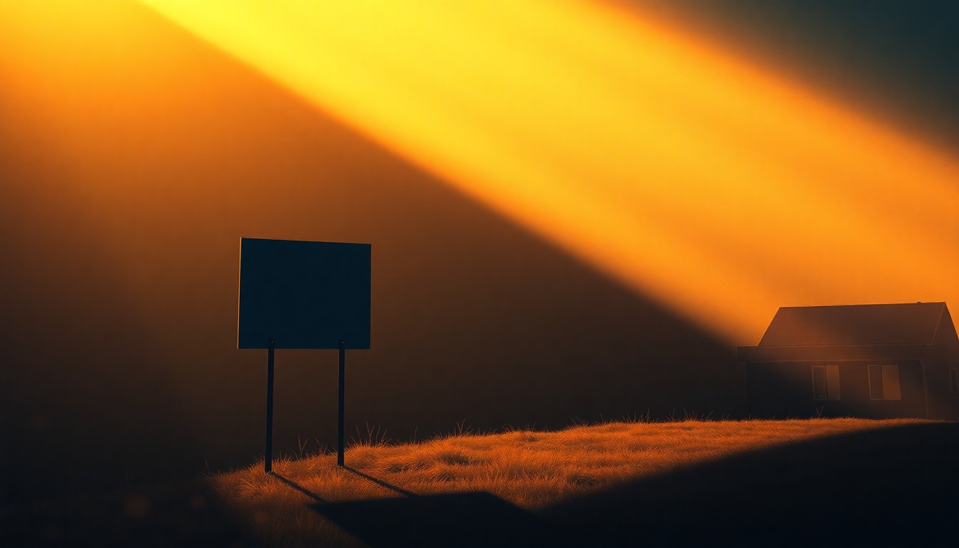 A photorealistic oil painting depicting a lone political campaign sign standing in a quiet, sun-dappled street, the sign’s shadow stretching long across the pavement, conveying a sense of contemplation and the weight of the political process.