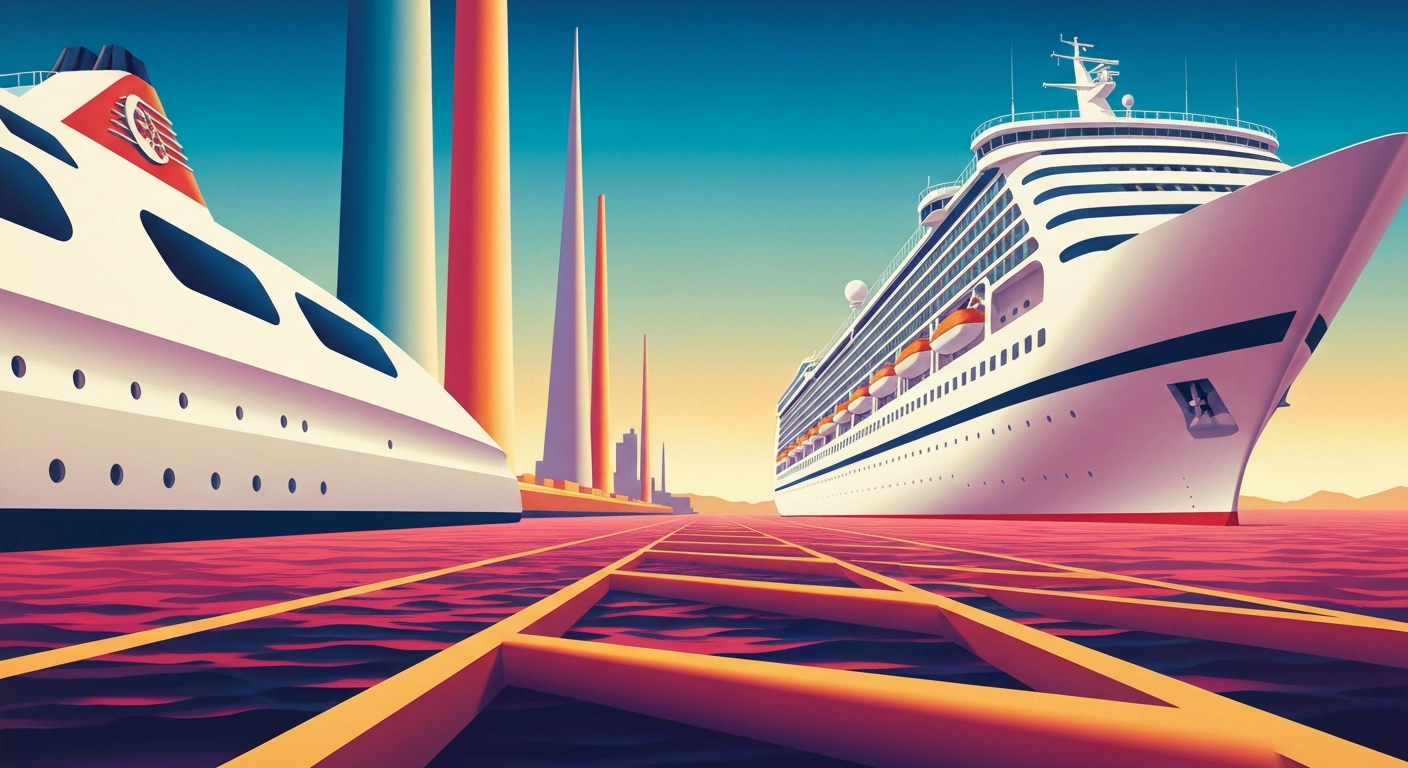A bold, geometric illustration in the Art Deco style, depicting the sweeping silhouette of a cruise ship against a backdrop of towering, streamlined port structures and airbrushed gradients of color, capturing the grand scale and romance of travel.