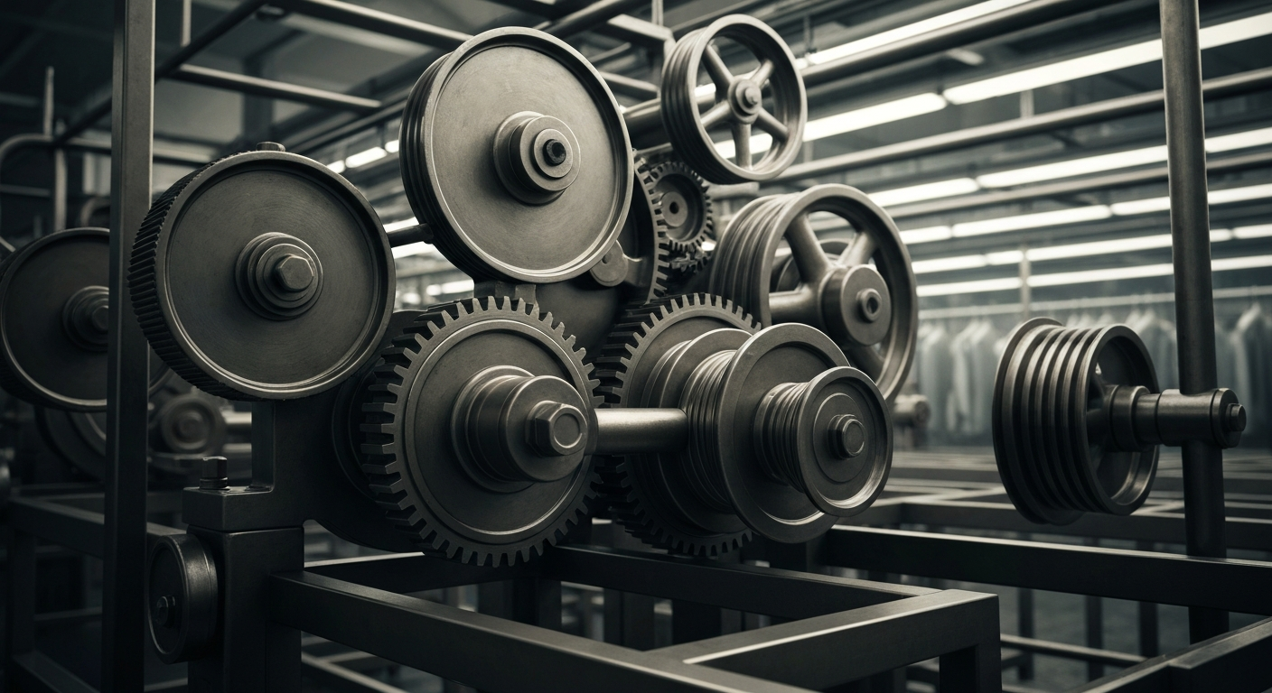An extreme close-up of the intricate gears, pulleys, and industrial mechanisms that make up the manufacturing infrastructure of a high-end clothing company, conveying a sense of the unseen labor and technology behind a luxury retail brand.