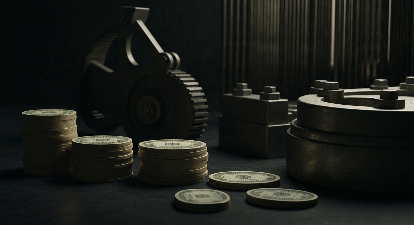 An extreme close-up of complex financial machinery and equipment, conveying a sense of institutional power and security without depicting any literal currency or financial symbols.