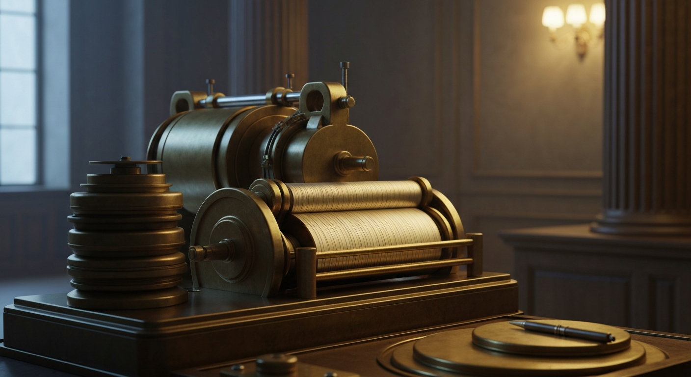 An extreme close-up of gears, levers, and other industrial banking equipment, conveying the intricate financial infrastructure behind a biotech company's stock transactions.