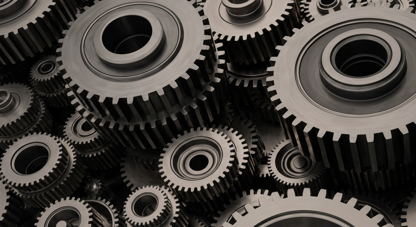 A cinematic close-up of intricate, heavy industrial machinery in shades of steel, bronze, and black, conveying the tangible financial power and institutional infrastructure of a diversified holding company.