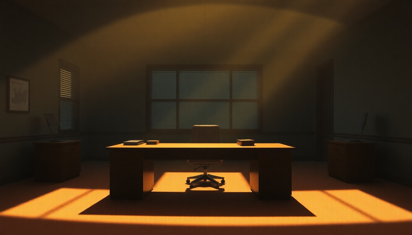 A dimly lit government office desk sits alone in a sunlit room, casting long shadows across the floor, conveying a sense of solemnity and scrutiny surrounding the oversight agency.