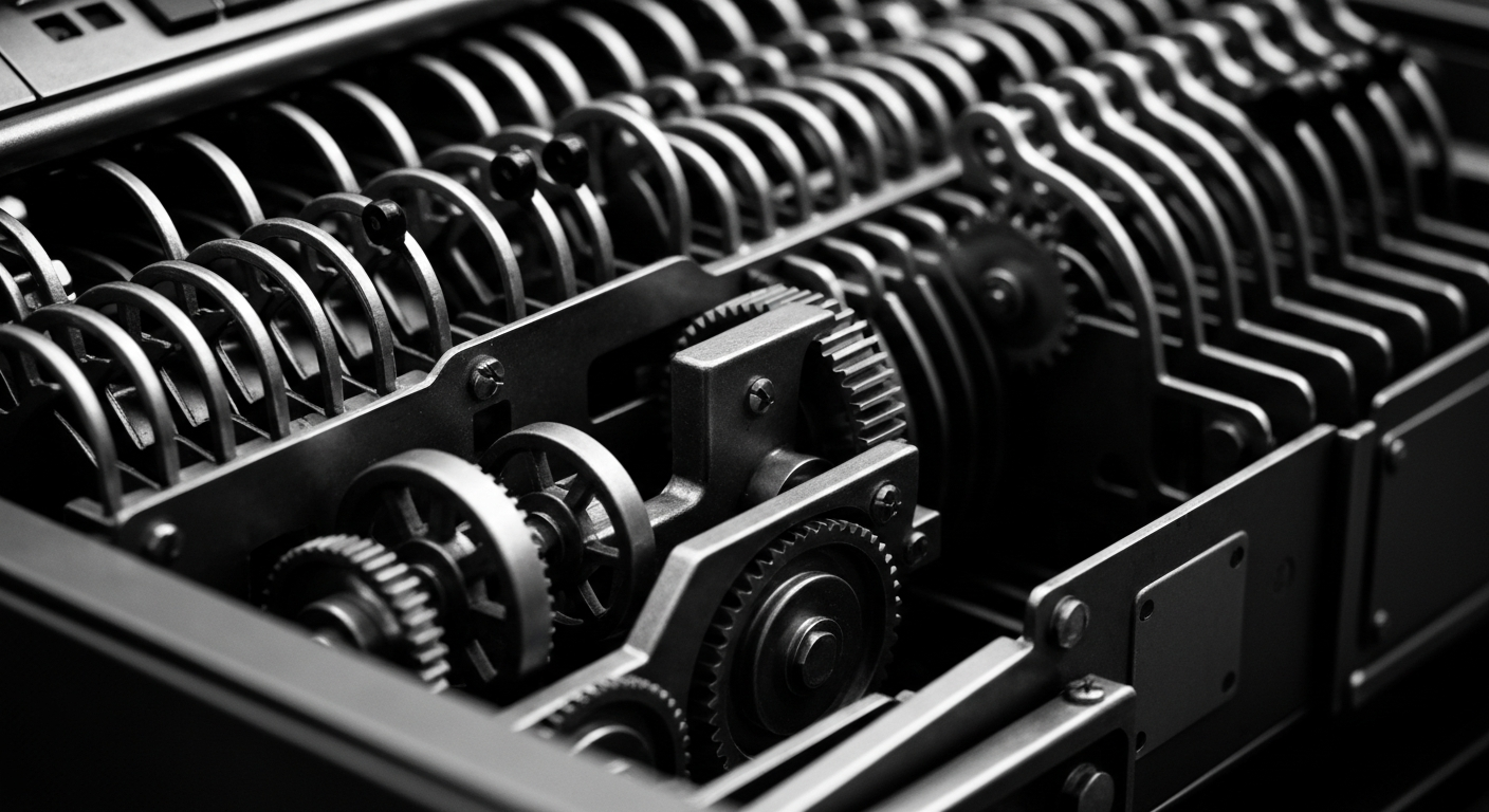 A high-contrast, close-up image of the internal gears and mechanisms of a cash register or other banking equipment, conveying a sense of financial security and institutional power through its heavy, industrial aesthetic.