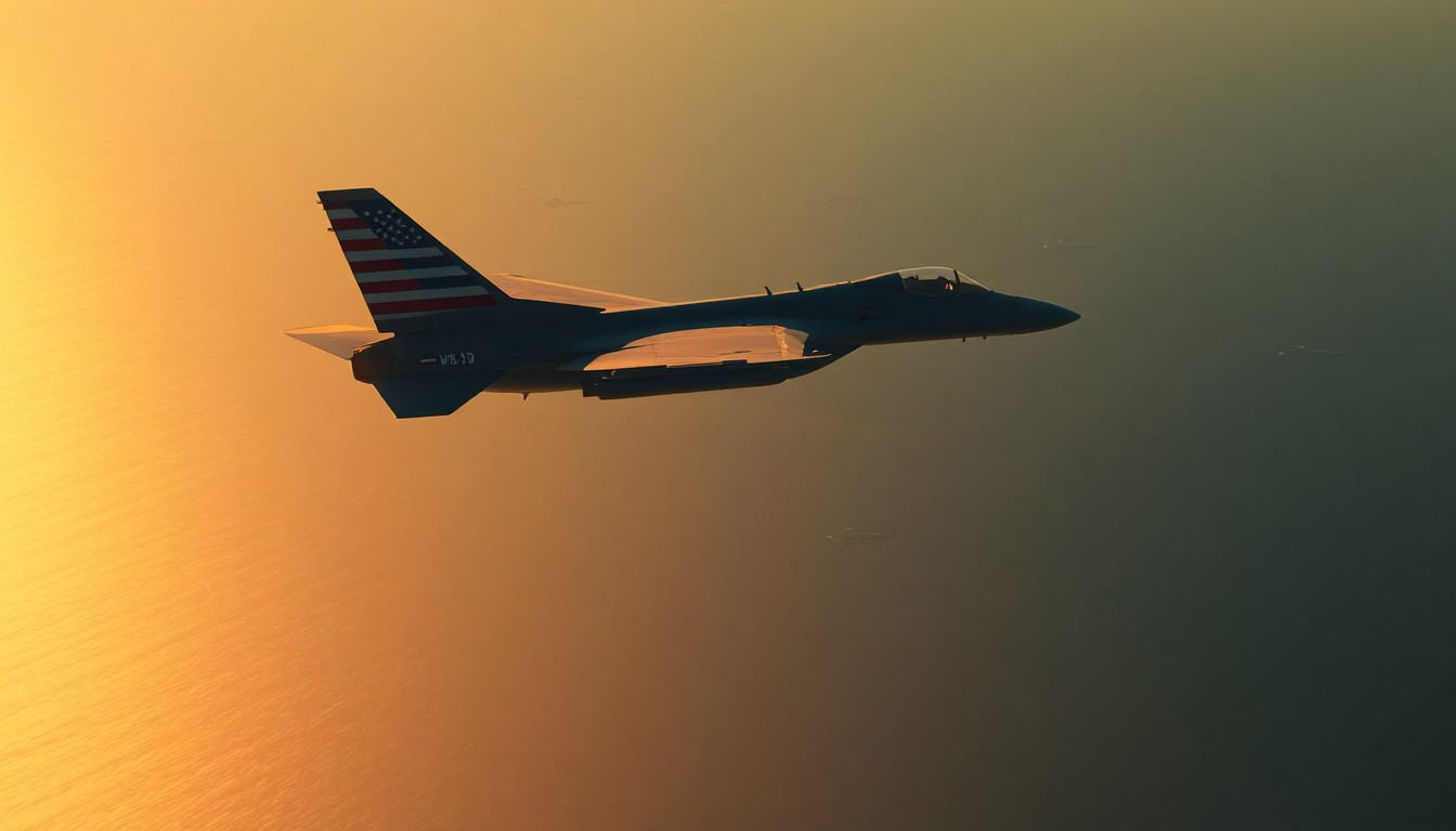 A cinematic painting of a lone U.S. military jet flying over the Strait of Hormuz, with warm sunlight and deep shadows creating a sense of quiet tension and unease.