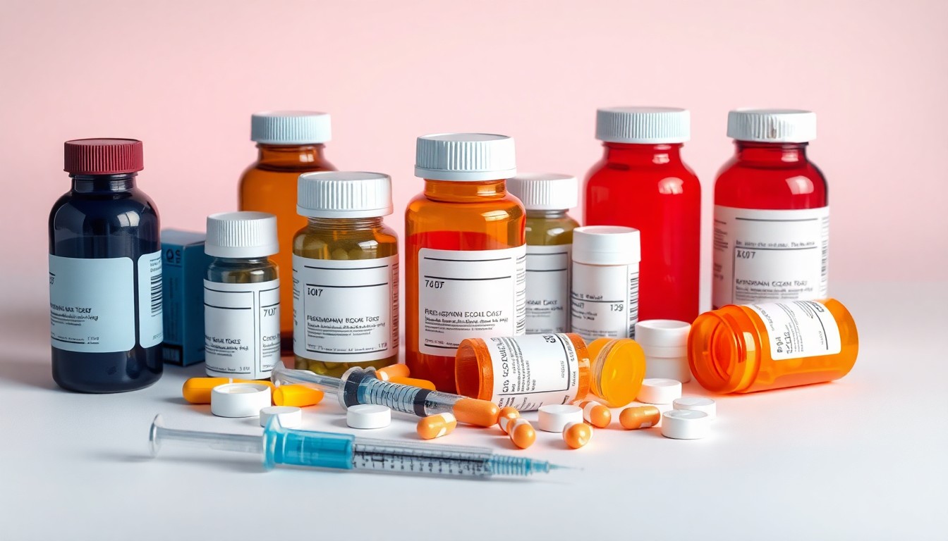 A minimalist studio still life featuring a collection of prescription pill bottles, medical syringes, and other pharmaceutical objects arranged elegantly on a clean, monochromatic background, conceptually representing the abstract corporate strategy and legal battles behind the opioid epidemic.