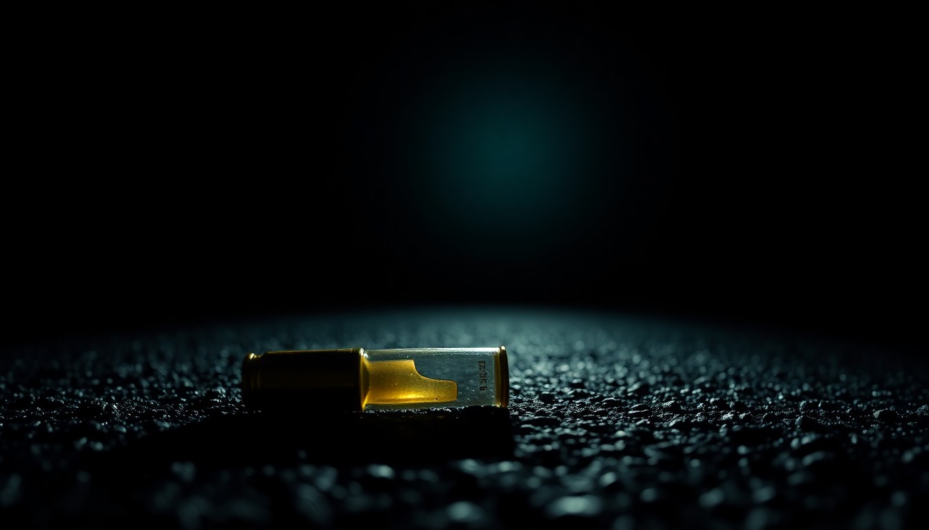An extreme close-up photograph of a spent bullet casing on the asphalt, conveying the stark, gritty aftermath of a highway shooting incident.