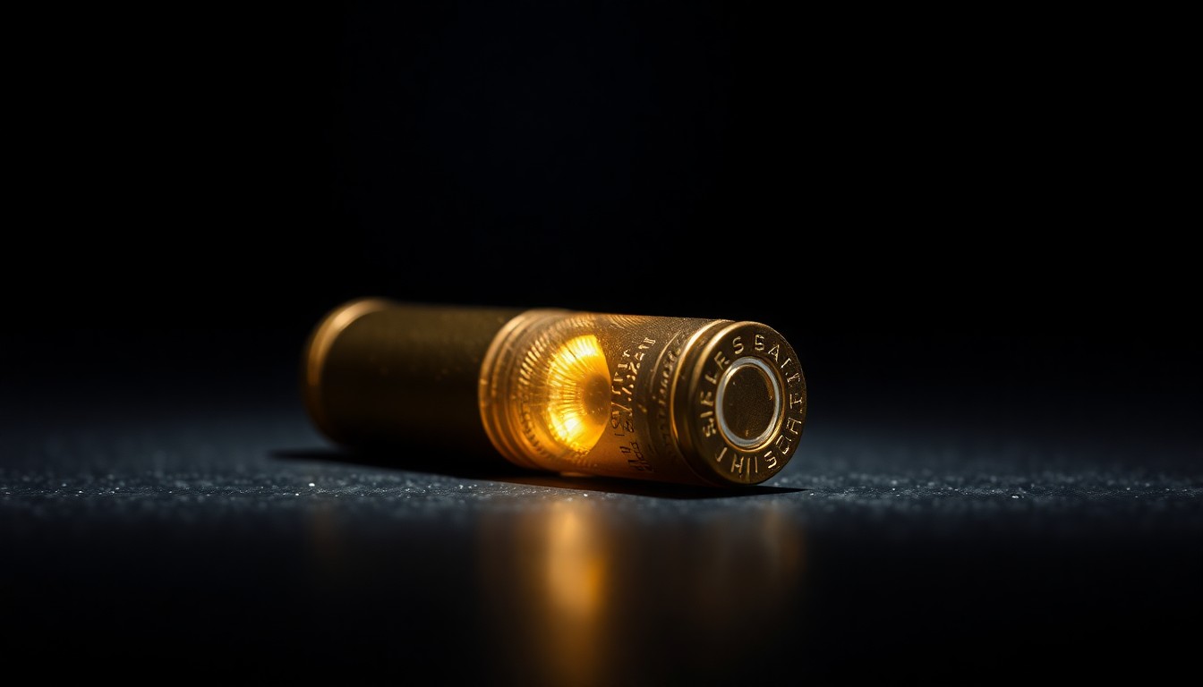 An extreme close-up of a spent bullet casing on a dark surface, capturing the stark, gritty aftermath of a shooting in a crime-related incident.