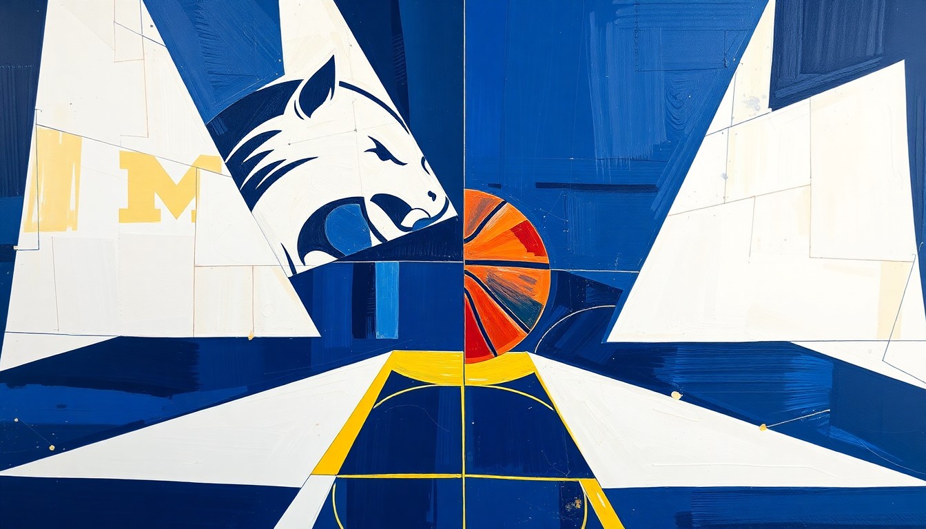 A fractured, multi-perspective painting depicting a college basketball championship game, with sharp, overlapping geometric shapes in navy blue, white, maize, and blue representing the competing teams and the intensity of the matchup.