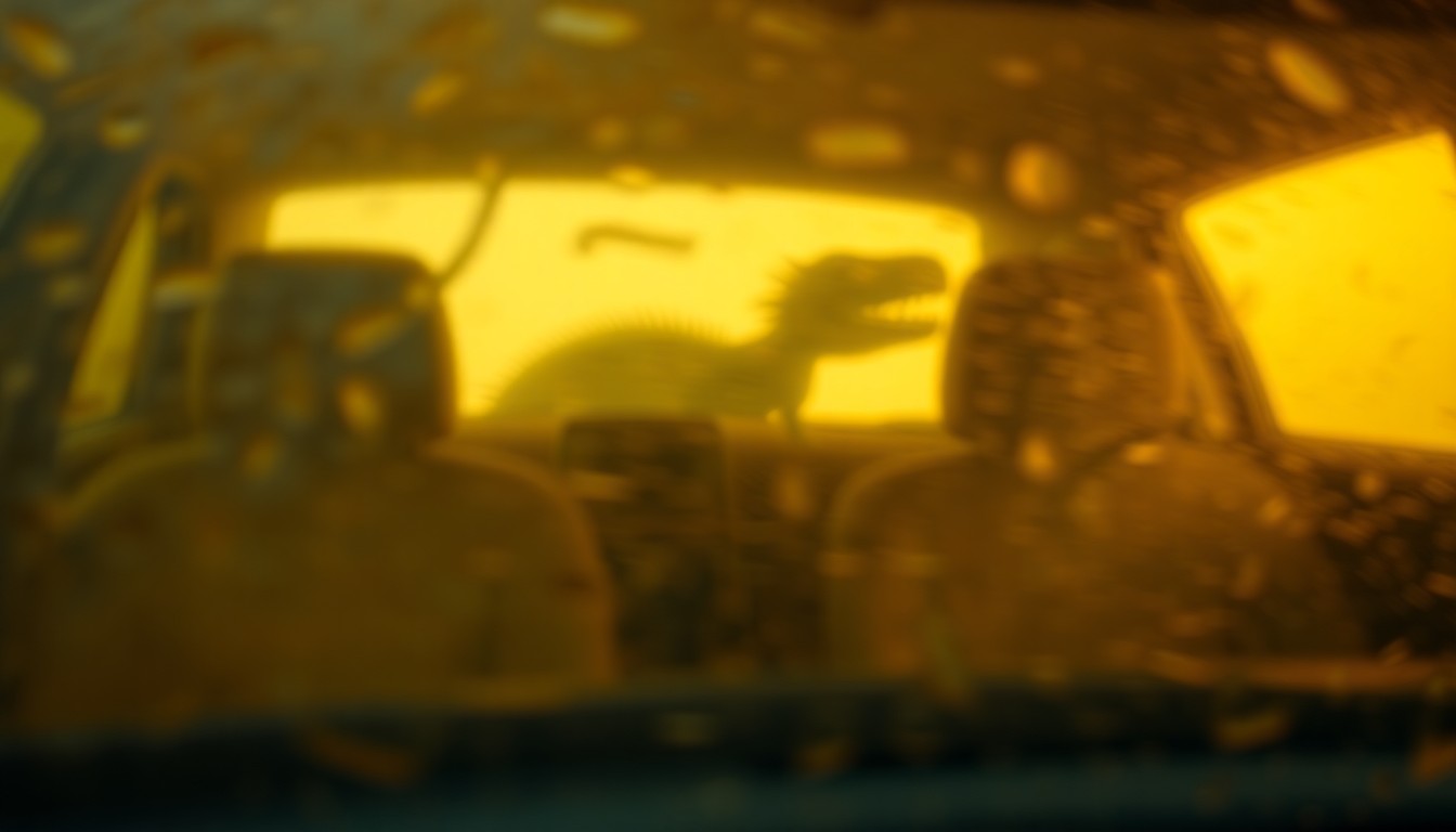 An abstract, impressionistic photograph showing the blurred, warm-toned interior of a car with a faint, shadowy reptilian shape in the background, conveying the sense of surprise and uncertainty surrounding the discovery of the abandoned snake.