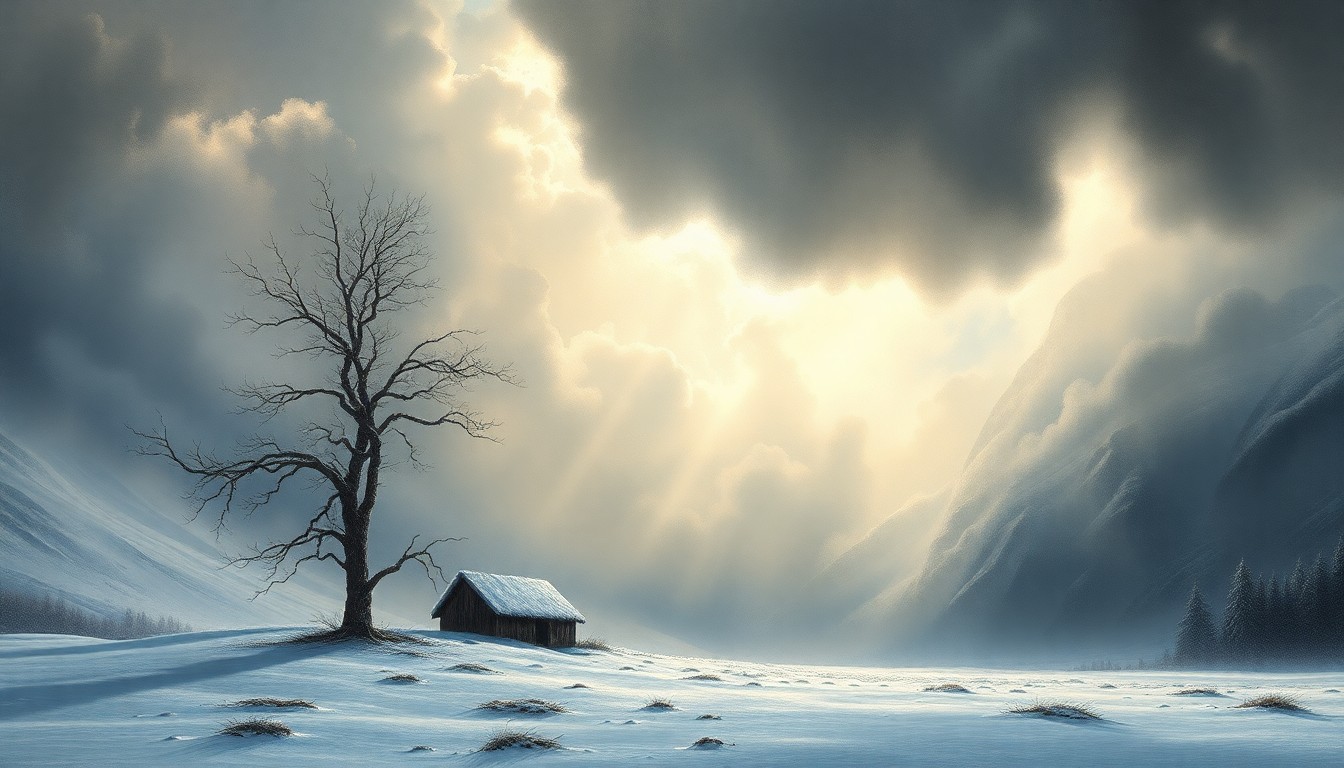 A sweeping, atmospheric landscape painting in muted tones of gray, blue, and white, depicting a lone bare tree or structure dwarfed by the overwhelming scale of a freezing winter storm, conveying the sublime force of the natural world.