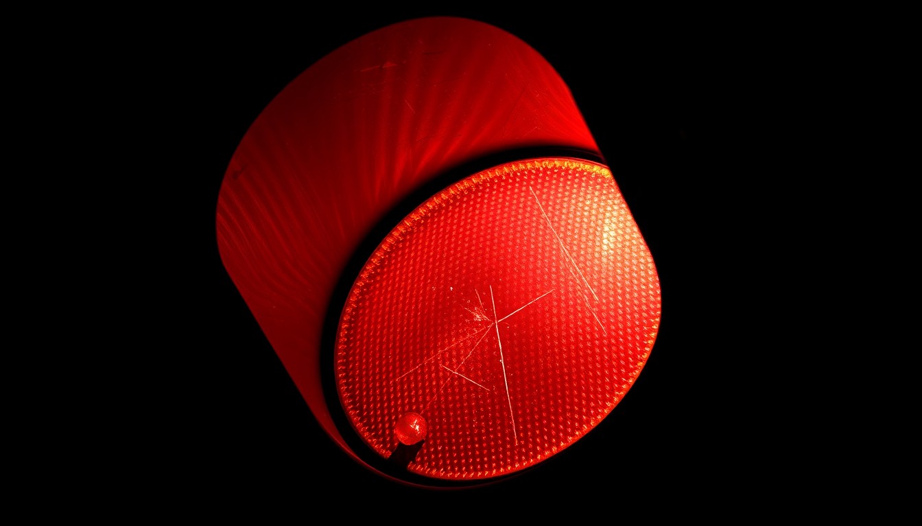 An extreme close-up photograph of a damaged traffic signal light or street sign, lit by a harsh, direct camera flash against a pitch-black background, conceptually illustrating the aftermath of a serious pedestrian crash.