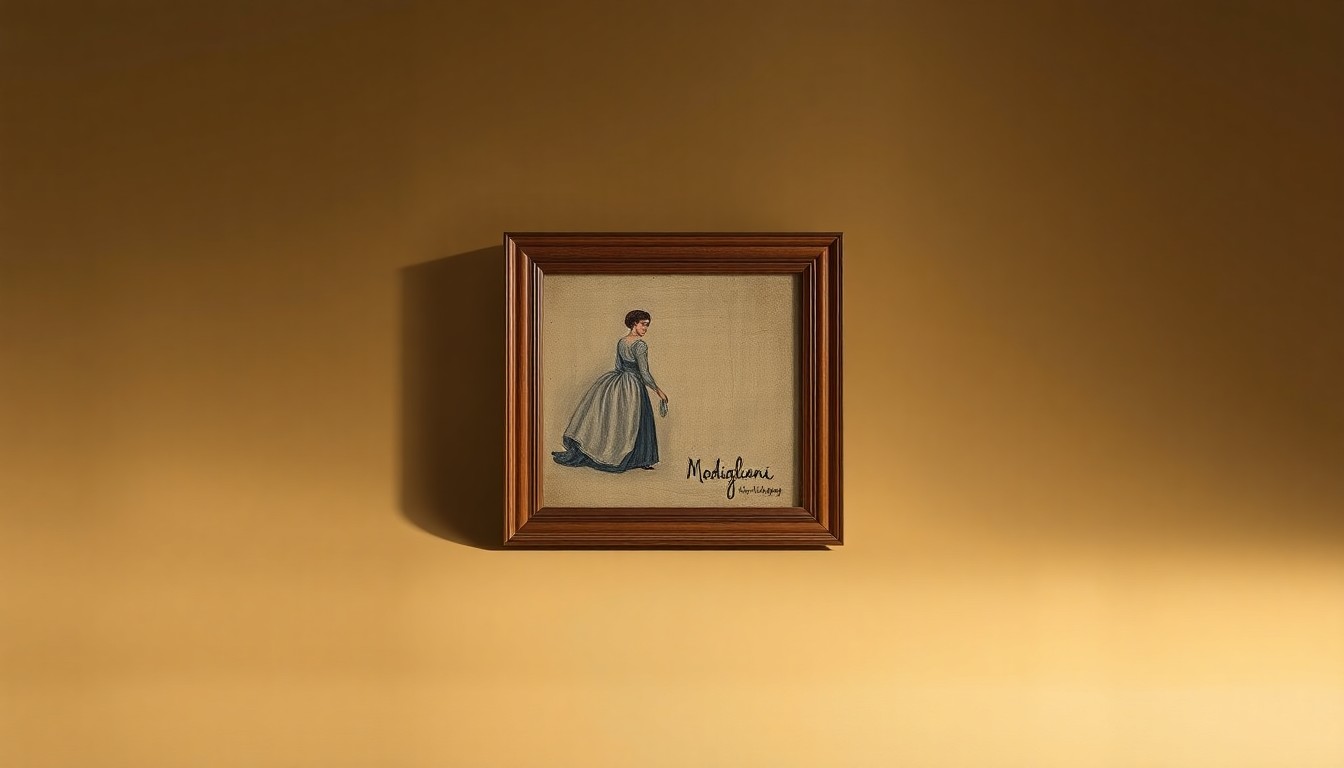 A photorealistic studio still-life photograph featuring a single elegant Modigliani painting in a simple wooden frame, resting on a clean, monochromatic background. The painting is the sole focus, using dramatic lighting and shadows to represent the complex history and ownership dispute behind this valuable work of art.