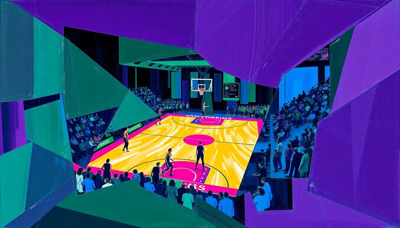 A fragmented, cubist-style painting depicting the action of a women's basketball game, with the players and court broken down into sharp, overlapping geometric shapes in shades of purple, green, and blue, conveying a sense of disruption and transition.