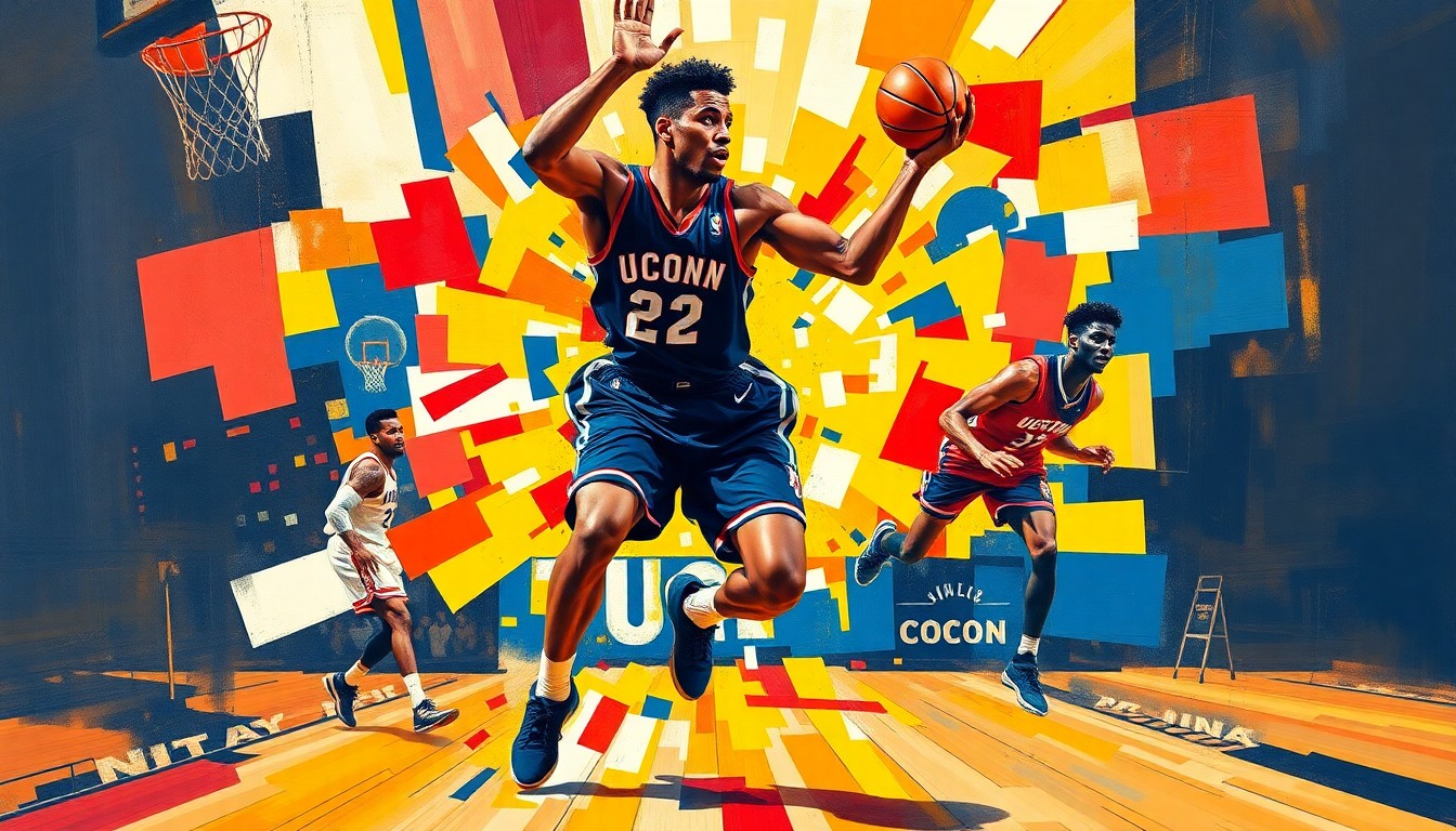 A fractured, multi-perspective painting that breaks down a basketball player's movements into sharp, overlapping geometric planes in vibrant colors, conceptually representing the challenges Ayanna Patterson faced during her time at UConn.