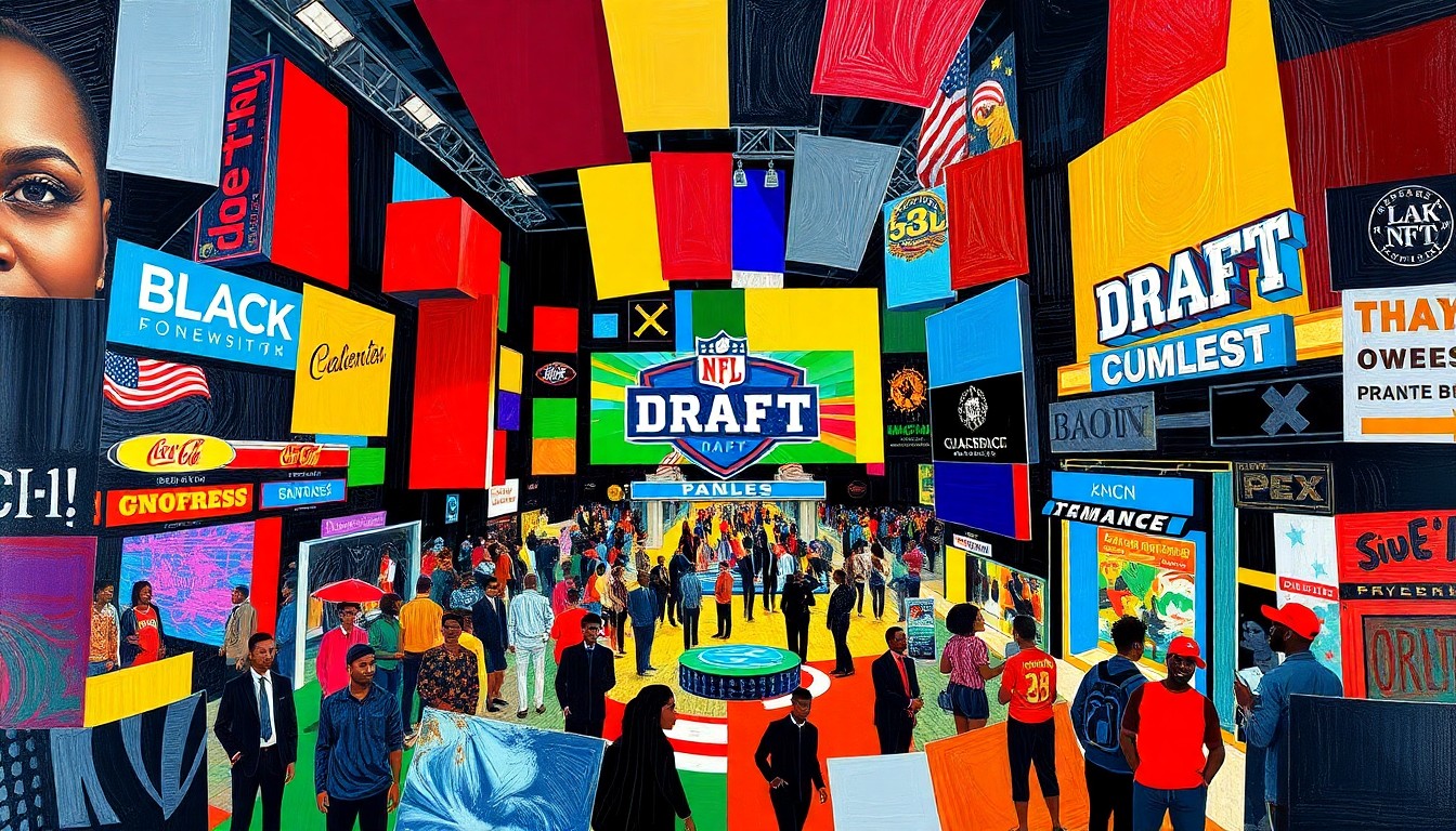 A cubist, geometric painting depicting the energy and activity of an NFL Draft event, with overlapping planes of bright colors and abstract shapes representing the diverse range of Black-owned businesses and community members participating.