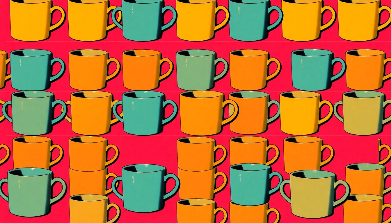 A grid of brightly colored, high-contrast silkscreen images of a single Louisville Stoneware ceramic mug, conceptually representing the company's enduring artisanal tradition.