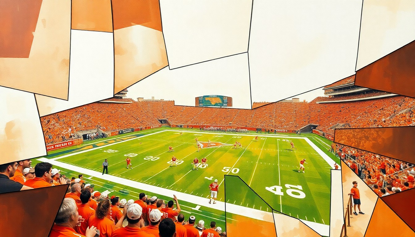 A fractured, geometric painting in shades of burnt orange and white, depicting overlapping planes and perspectives of a Texas Longhorns football practice or game, conveying the raw energy and excitement of the event.