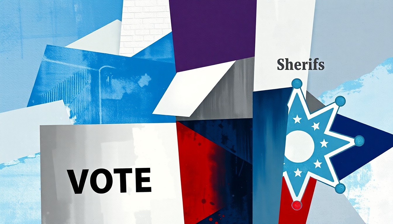 A dynamic, fragmented painting featuring a ballot box, voting machine, and sheriff's badge in a swirling composition of geometric shapes and bold colors, conveying the complex and charged nature of the election fraud investigation.