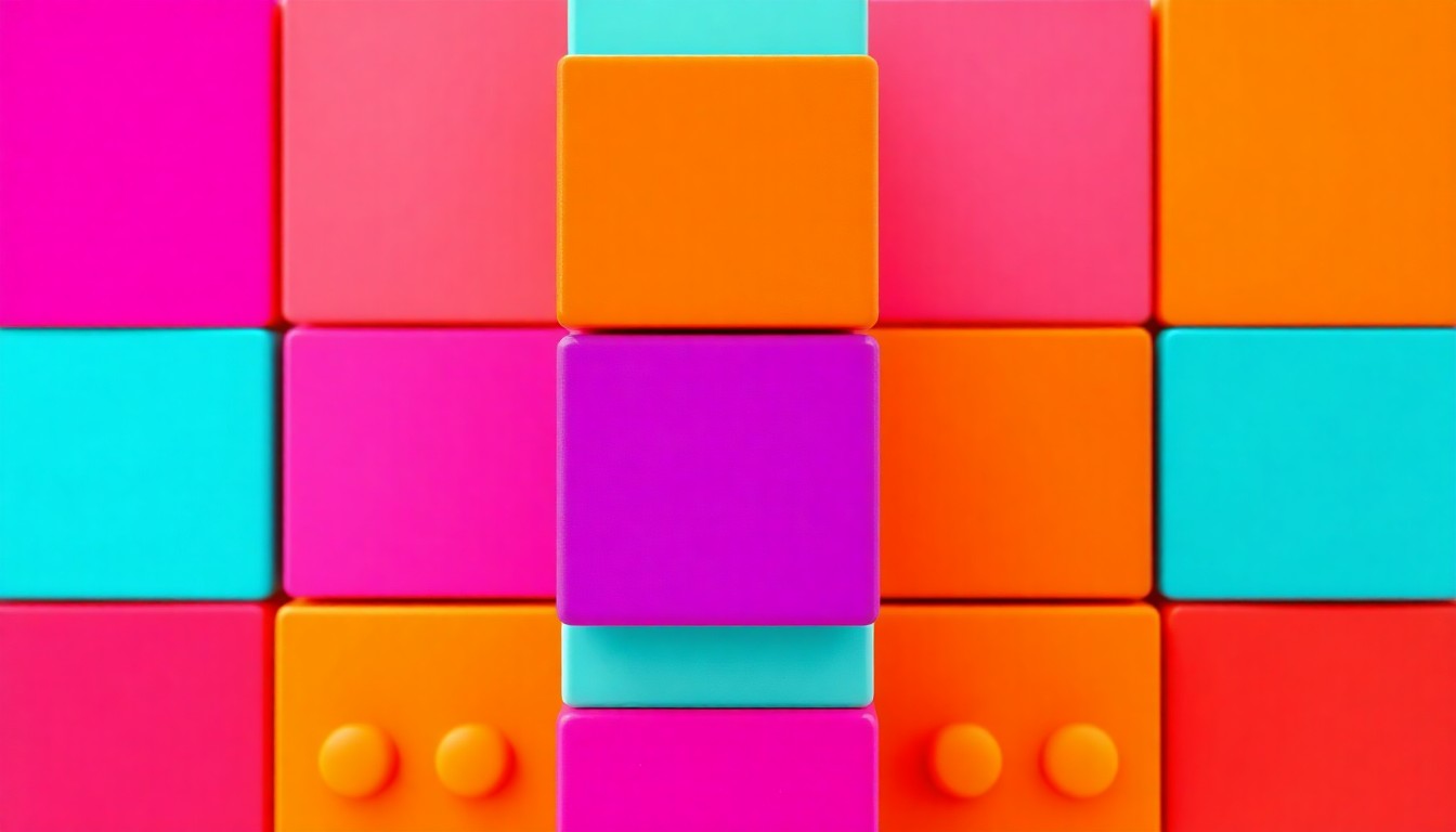 A bold, colorful silkscreen print featuring a repeating grid of children's building blocks in bright neon shades, conceptually representing the importance of early childhood education and development.