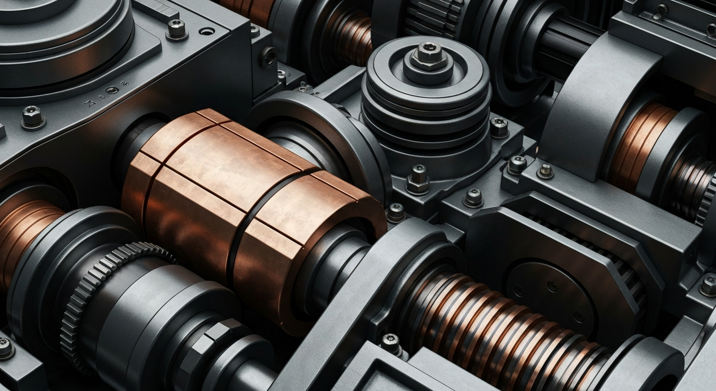 An extreme close-up of interlocking gears, levers, and metal housings that make up the inner workings of a large banking or insurance system, conveying a sense of institutional power and financial security.