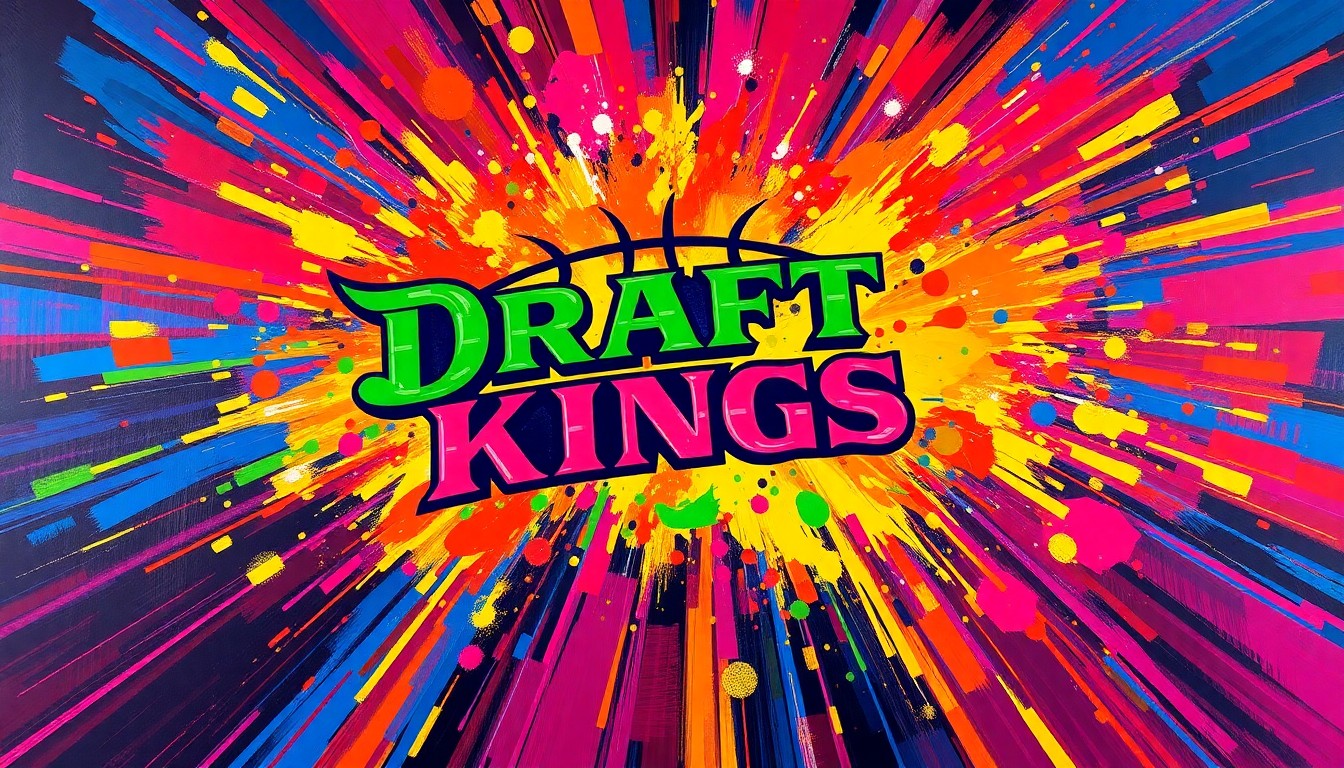 An abstract, expressionist painting in neon colors capturing the dynamic energy and excitement of a basketball game, with the DraftKings logo fading into the background.