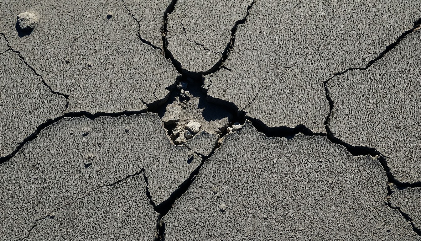 An extreme close-up photograph of a cracked and damaged concrete surface, with deep shadows and highlights that create a sense of texture and depth, conceptually representing the aftermath of a vehicle accident.
