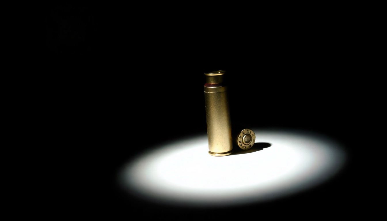 An extreme close-up photograph of a single 9mm shell casing against a pitch-black background, lit by a harsh, direct camera flash, conceptually representing the forensic investigation of a violent crime.