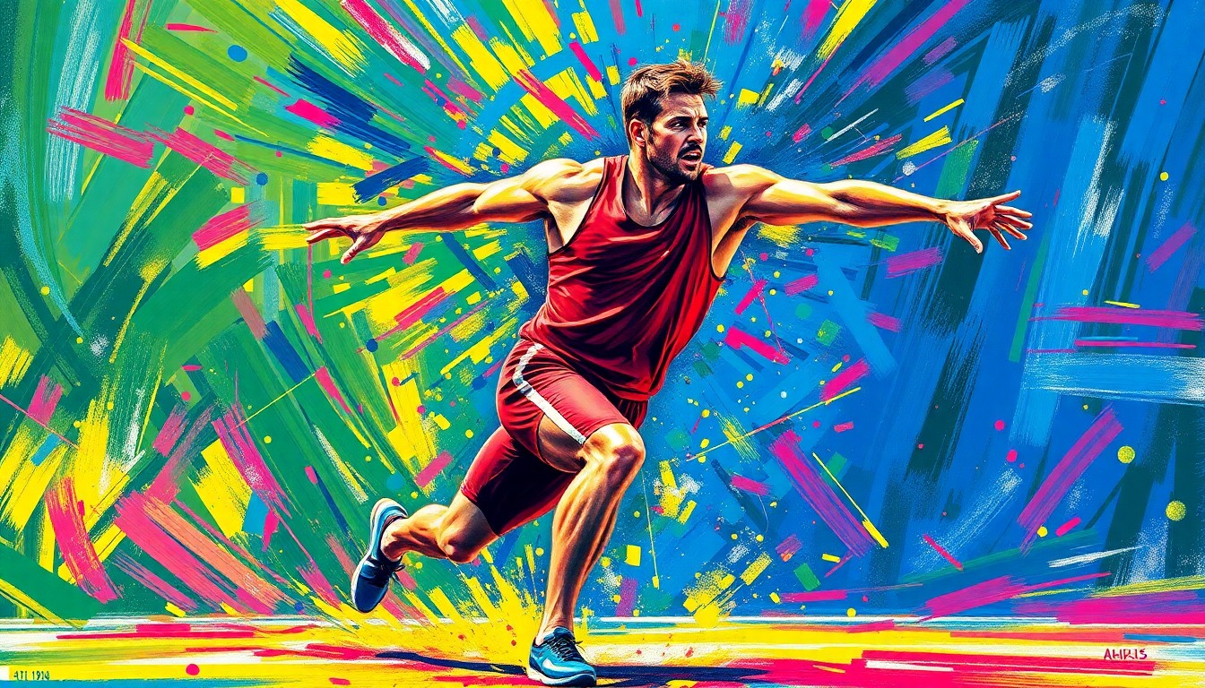 An abstract, energetic painting in neon colors depicting the powerful throwing motion of a shot put athlete, conceptually representing the athletic prowess of Montana State's Sydney Brewster.