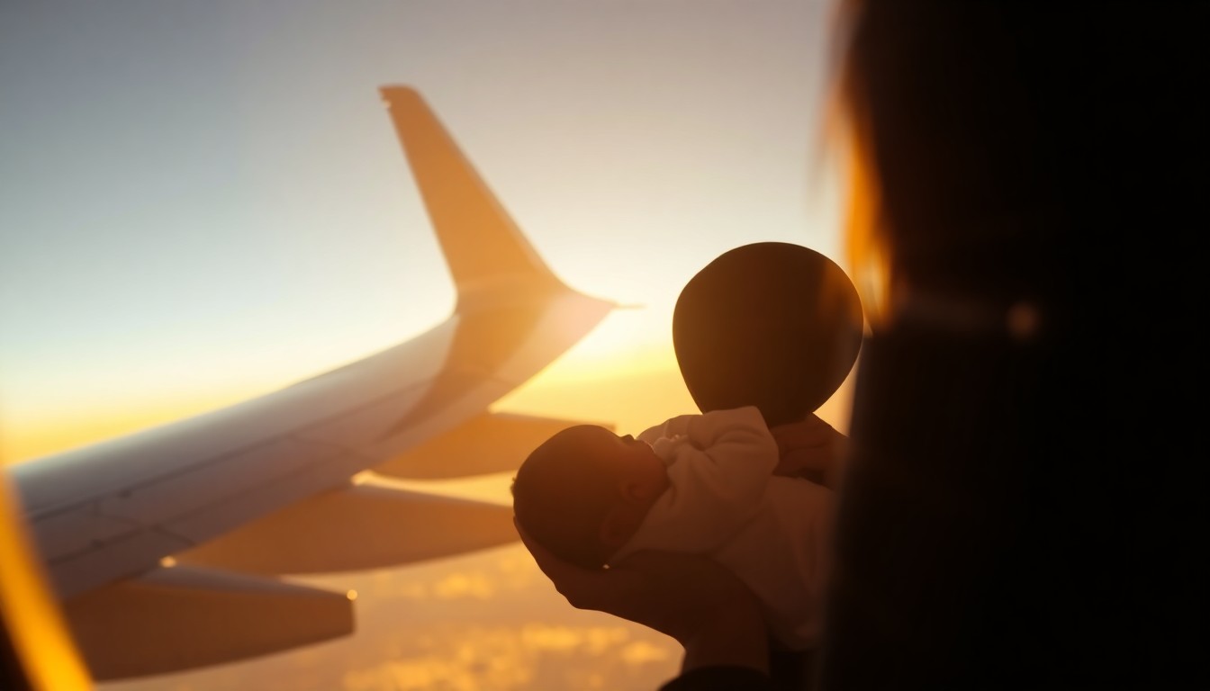 An abstract, out-of-focus image of an airplane wing and engine in warm, hazy light, with a faint silhouette of a newborn baby cradled in the hands of a passenger, conveying the unexpected and emotional nature of the in-flight birth.