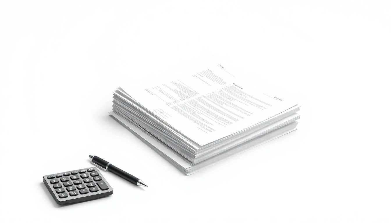 A minimalist studio photograph featuring a stack of financial documents, a pen, and a calculator arranged on a clean, white background, symbolizing the importance of careful cash flow management for small businesses.