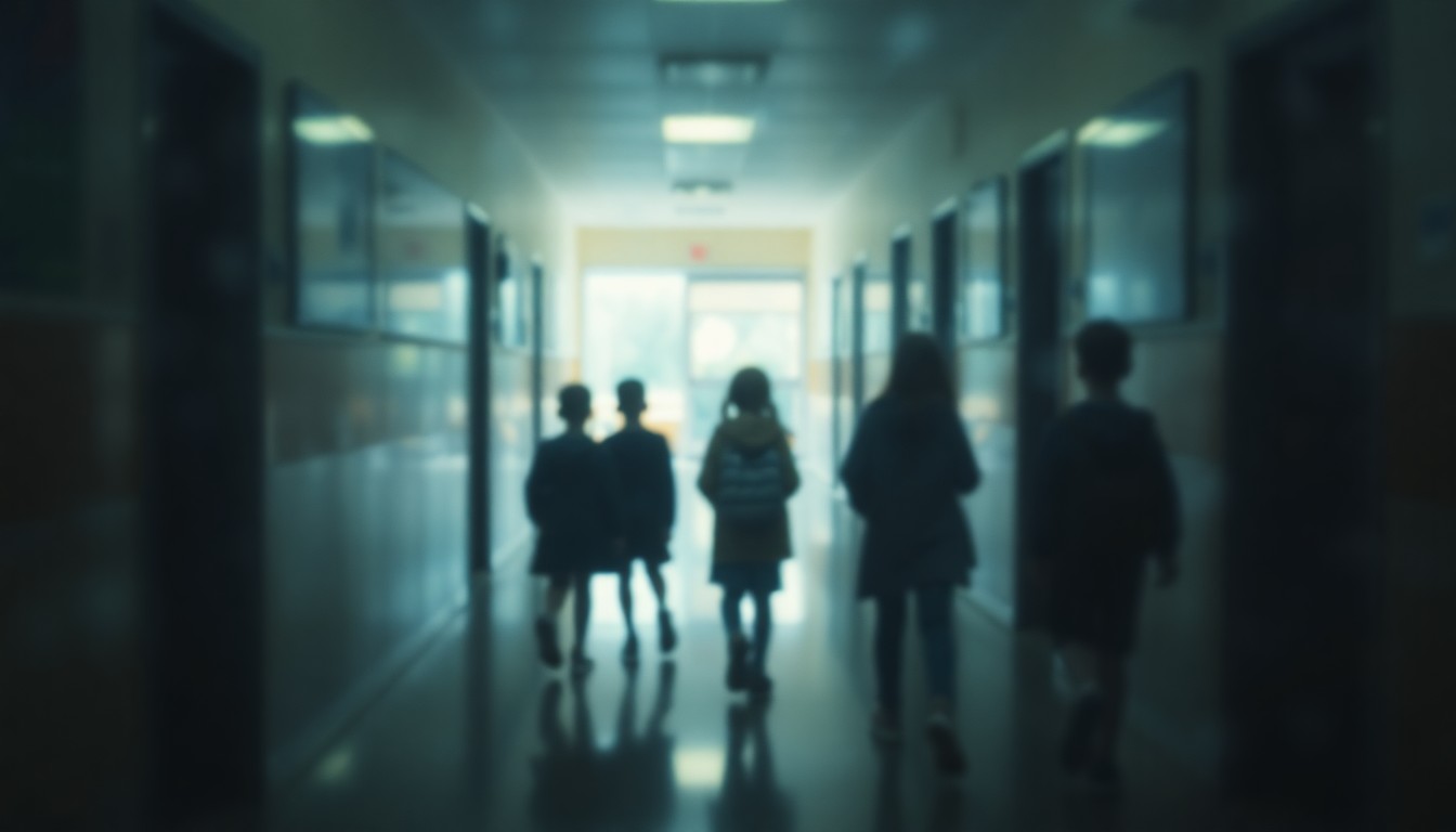 An extremely abstracted, out-of-focus photograph of children's silhouettes walking through a dimly lit school hallway, with muted tones of blue, green, and yellow creating a sense of melancholy and isolation.