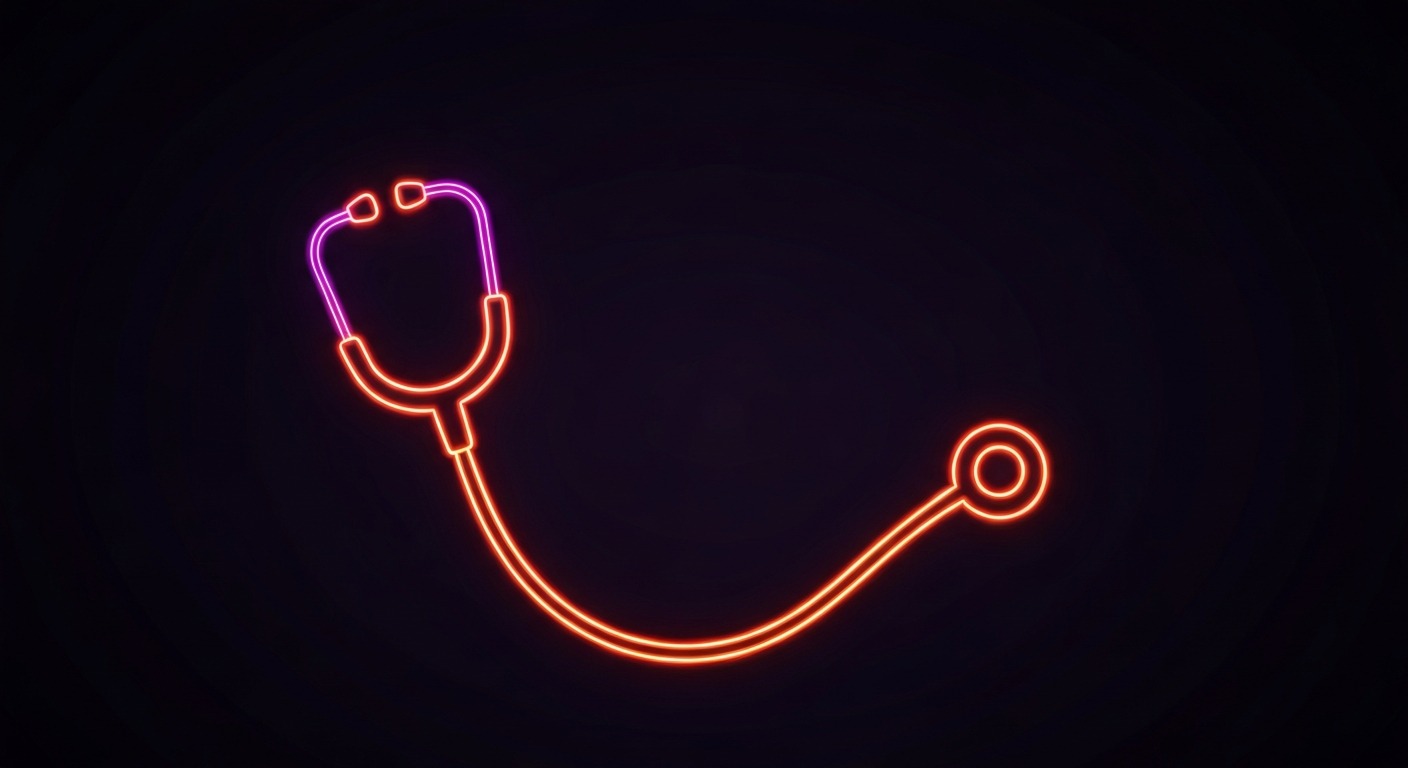 A minimalist, neon-outlined illustration of a medical stethoscope, glowing against a dark background and conveying the concept of public health through its vibrant, pulsing lines.