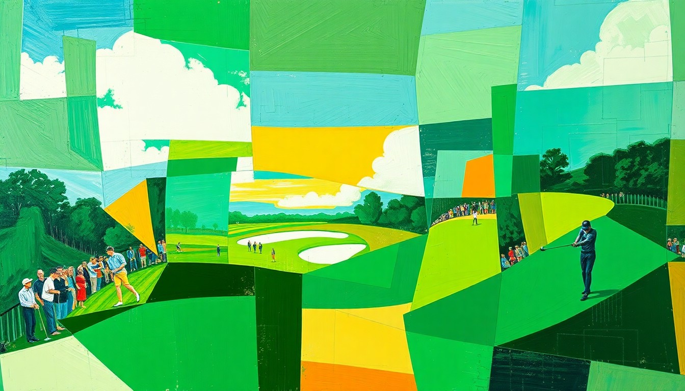 A cubist, geometric painting depicting a fragmented, multi-angled view of a golf tournament scene, with overlapping planes of emerald green, sky blue, and warm ochre colors.