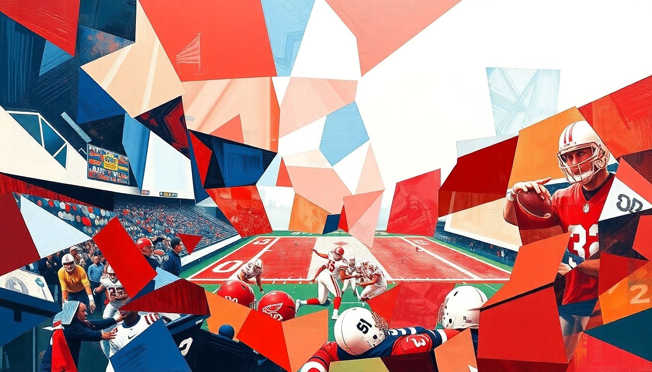 A fragmented, geometric painting depicting a football game, with sharp planes of red, white, and blue representing the conceptual connection between the recruit and a former U.S. president.