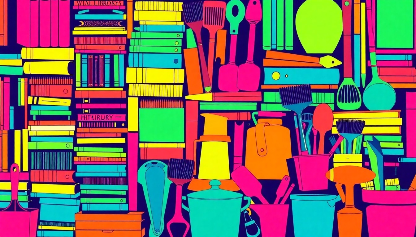 A bold, abstract silkscreen illustration featuring a repeating grid of everyday objects associated with libraries and community services, including stacks of books, kitchen appliances, and gardening tools, all rendered in a high-contrast, neon color palette reminiscent of pop art.