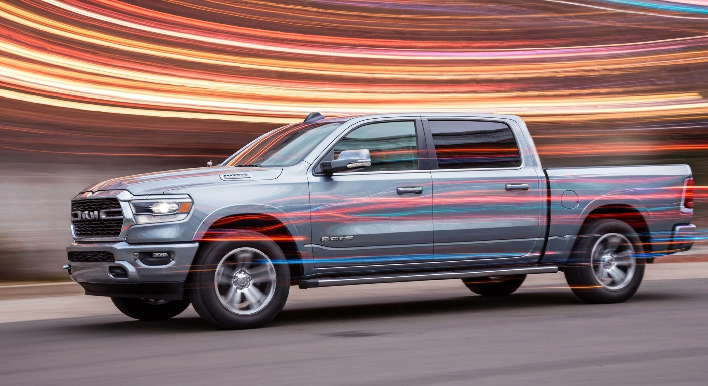 An abstract, impressionistic photograph of a 2026 Ram 1500 pickup truck, its body and features blurred into streaks of bright colors and motion, conveying the rapid electrical system failure described in the story.