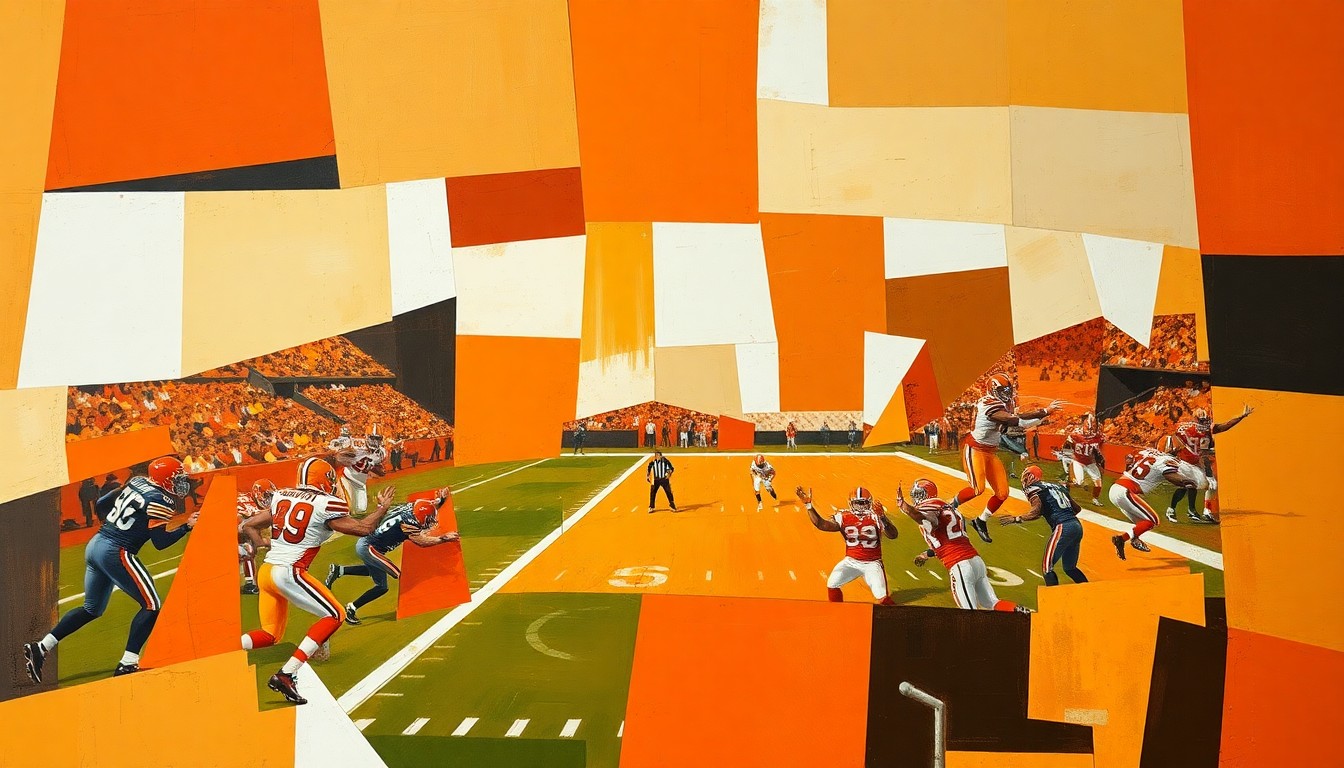 A cubist, geometric painting depicting fragmented, overlapping shapes in Browns colors, representing the team's efforts to build depth and continuity in the offseason.
