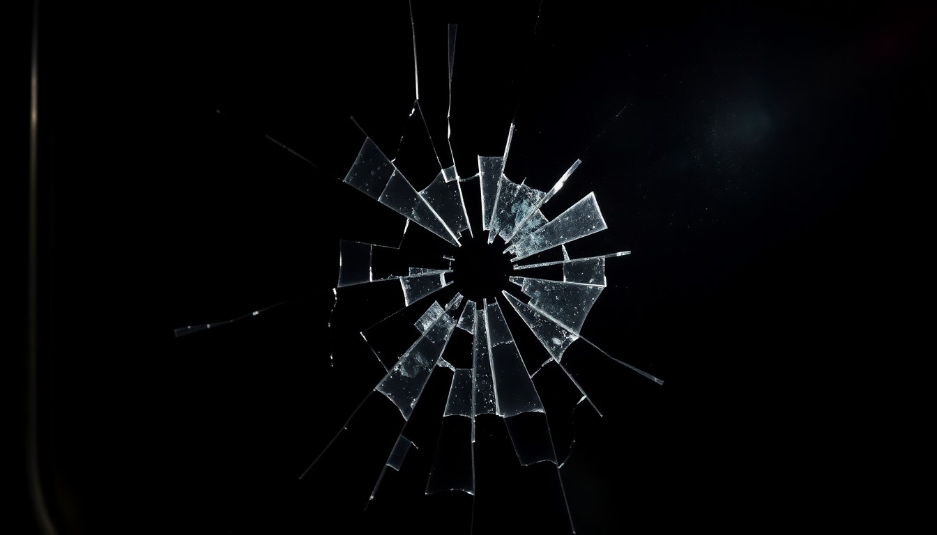 An extreme close-up photograph of a single shattered piece of glass from a subway car window, capturing the texture and fragmentation of the broken material in stark, dramatic lighting to conceptually represent the violence of the subway slashing incident.