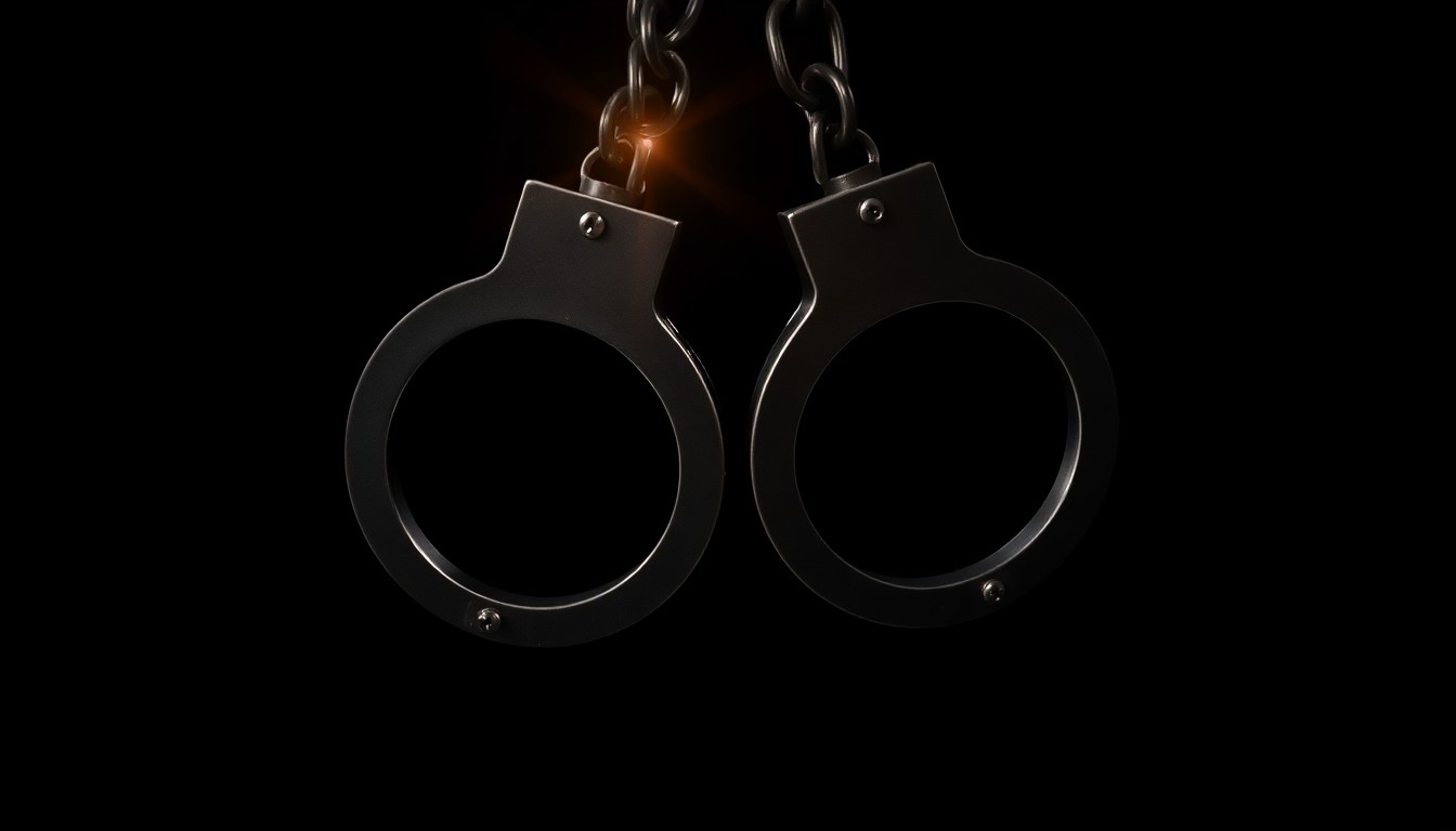 An extreme close-up of a pair of metal handcuffs against a stark black background, creating a gritty, investigative aesthetic through the use of harsh flash lighting.