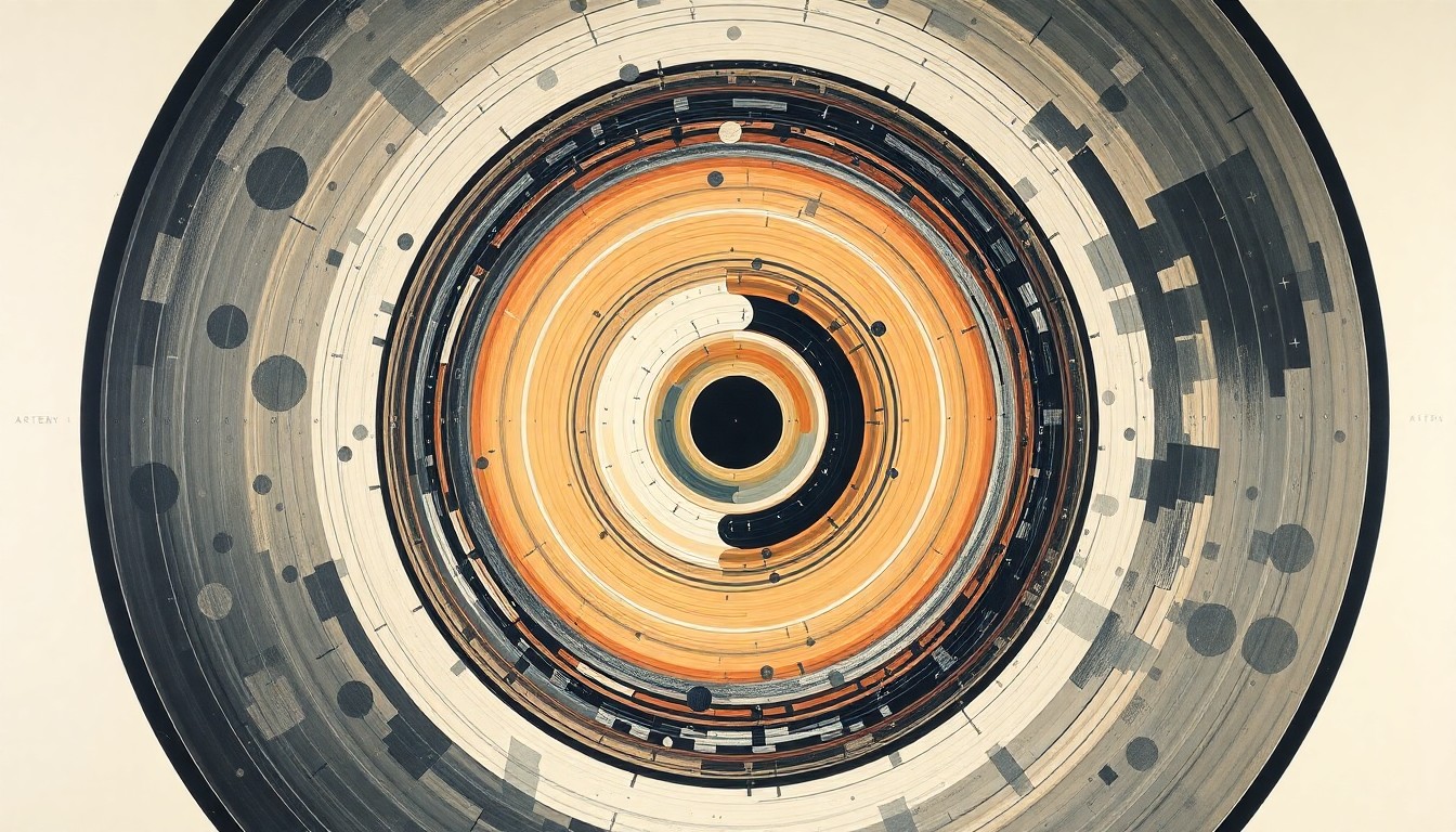 A vibrant, abstract painting in shades of blue, green, and purple, featuring sweeping geometric arcs, concentric circles, and precise spirals, conveying the complex forces and concepts behind the Artemis II mission to the moon.