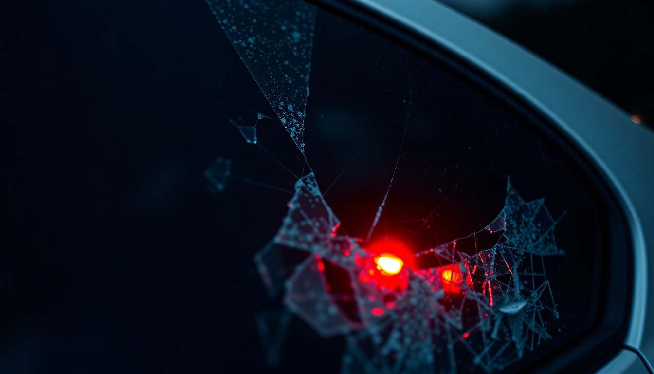 An extreme close-up of a shattered glass surface reflecting a faint red light, conveying the stark, gritty aftermath of a tragic assault.